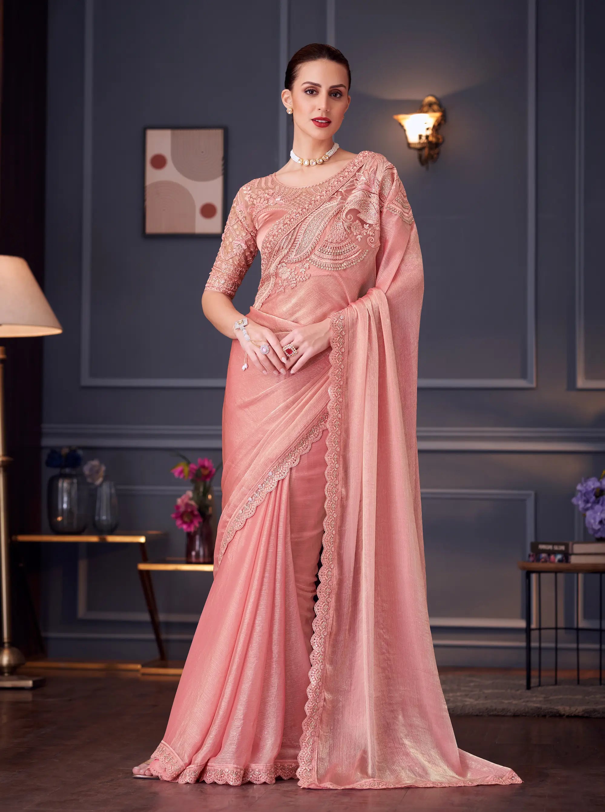 Peach Glass Chiffon Silk Party Wear Saree With Thread & Sequins Embroidery Work - qivii