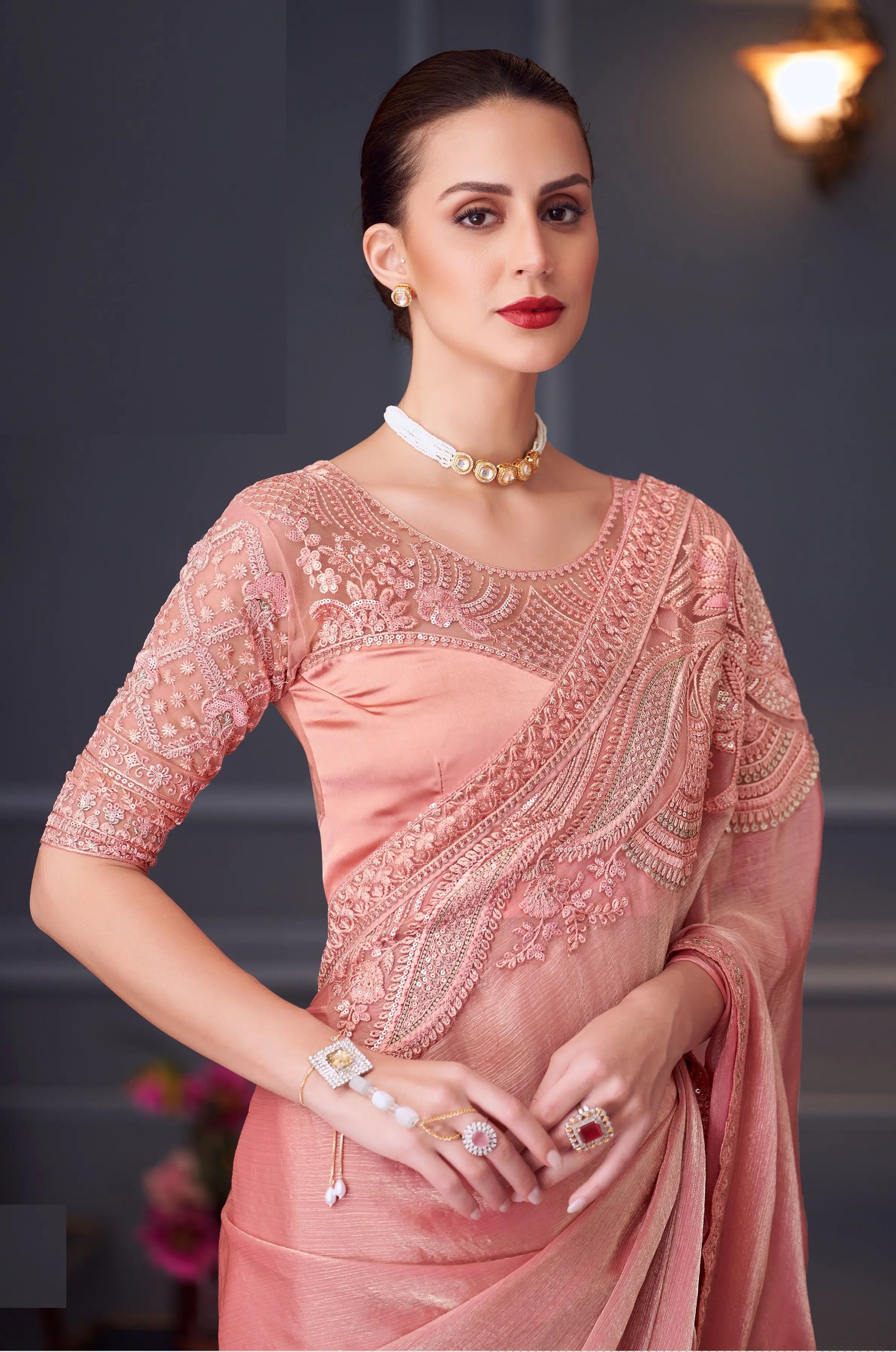 Peach Glass Chiffon Silk Party Wear Saree With Thread & Sequins Embroidery Work - qivii