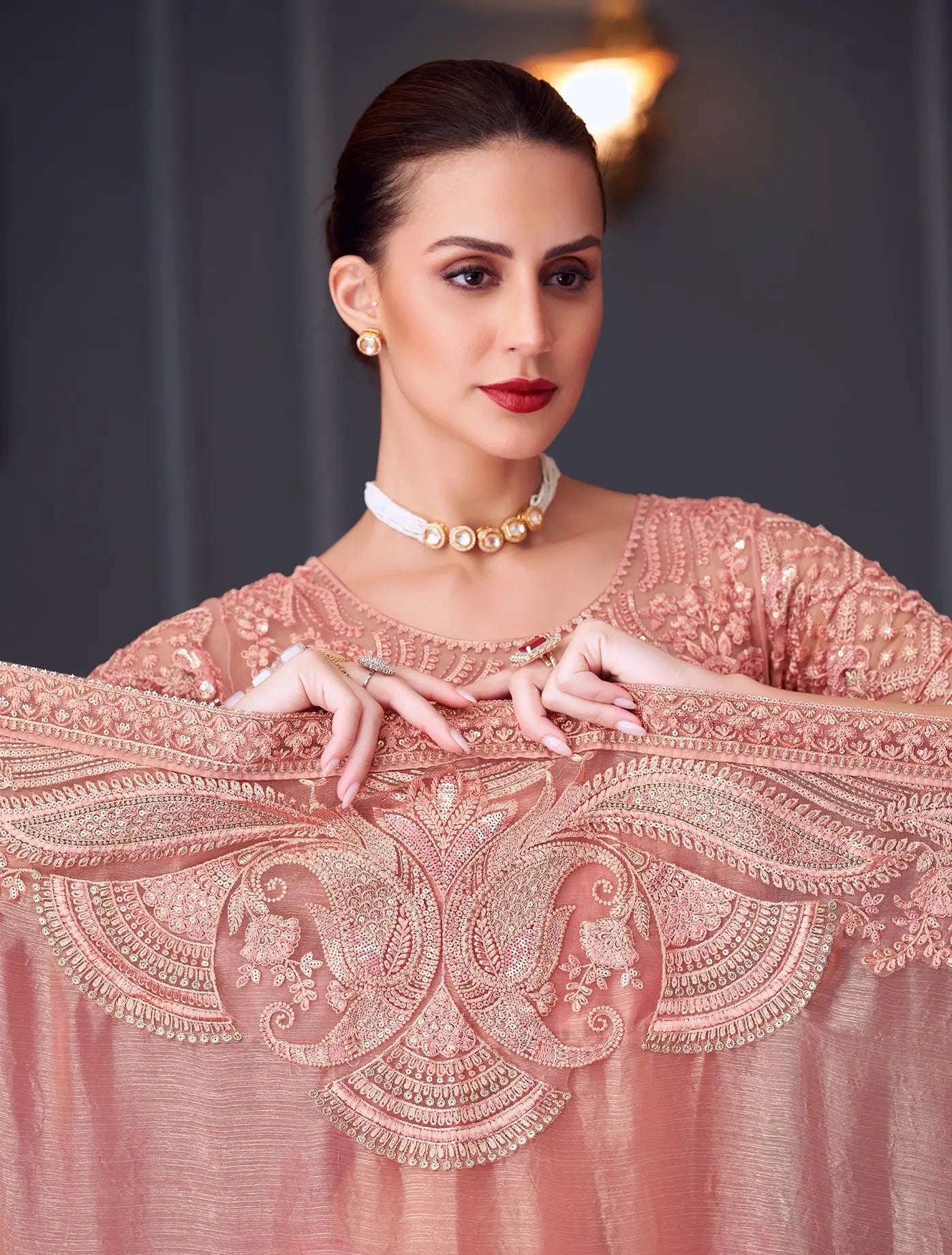 Peach Glass Chiffon Silk Party Wear Saree With Thread & Sequins Embroidery Work - qivii