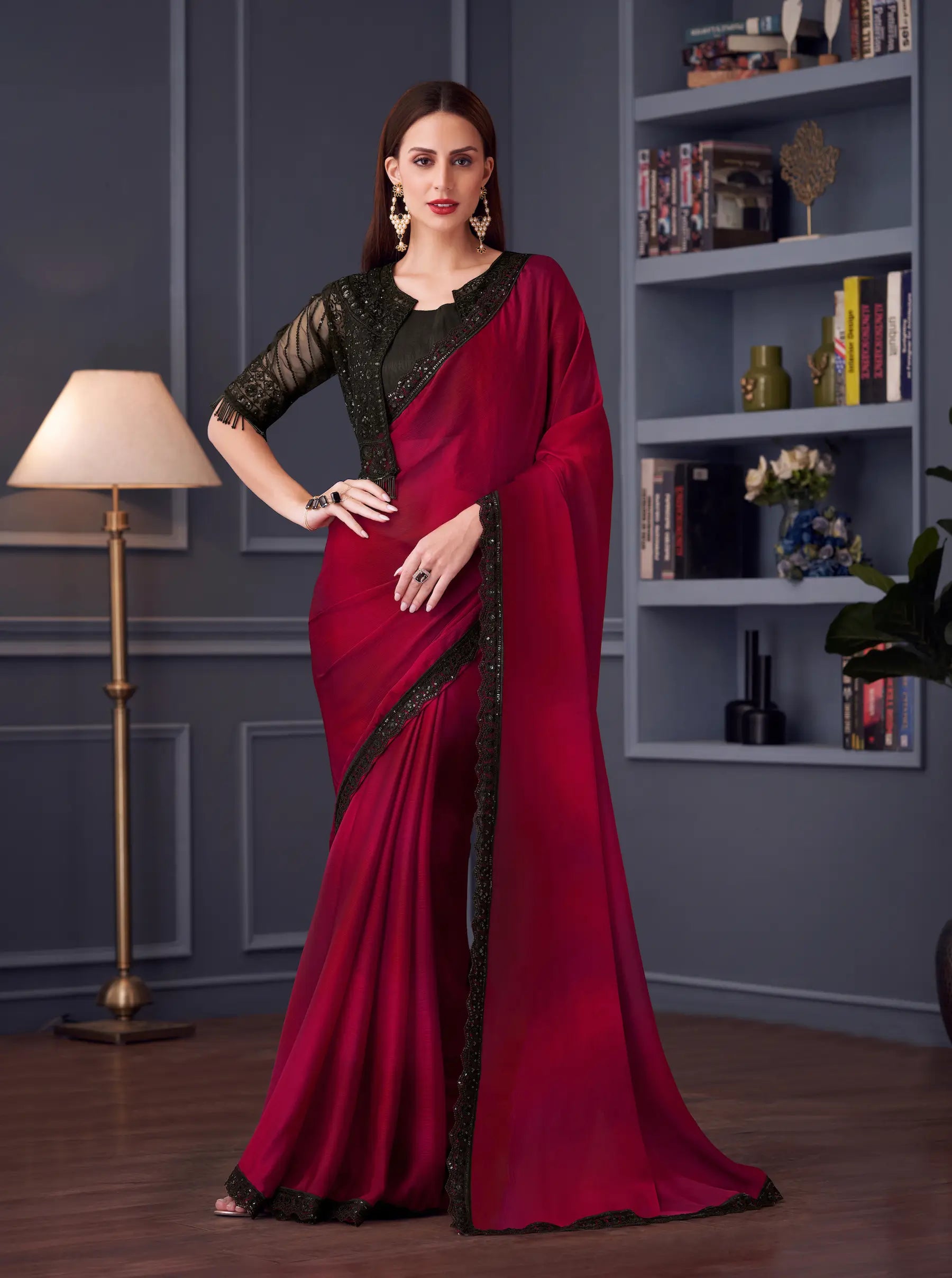 Red Satin Chiffon Silk Party Wear Jacket Saree With Thread & Sequins Embroidery Work - qivii
