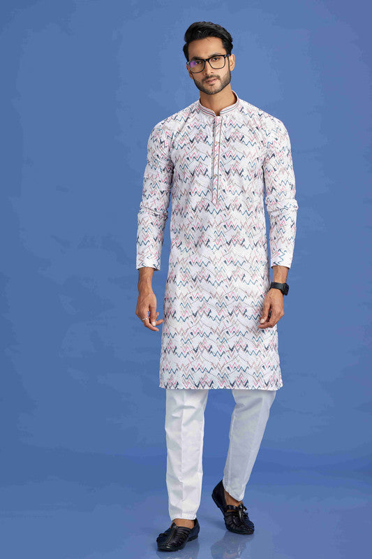 Men's Pink And Blue Cotton Embroidery Collar Neck Pajama Set