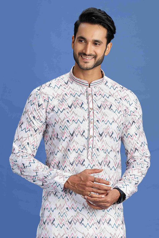 Men's Pink And Blue Cotton Embroidery Collar Neck Pajama Set