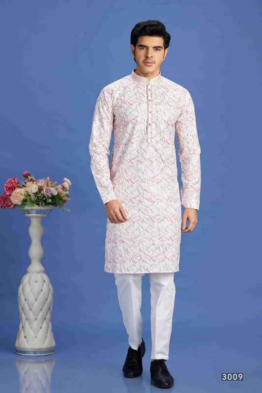 Men's Pink Cotton Embroidery Collar Neck Pajama Set