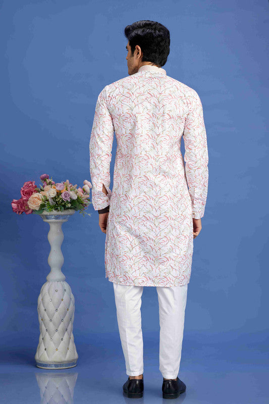 Men's Pink Cotton Embroidery Collar Neck Pajama Set