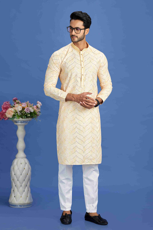 Men's Yellow Cotton Embroidery Collar Neck Pajama Set