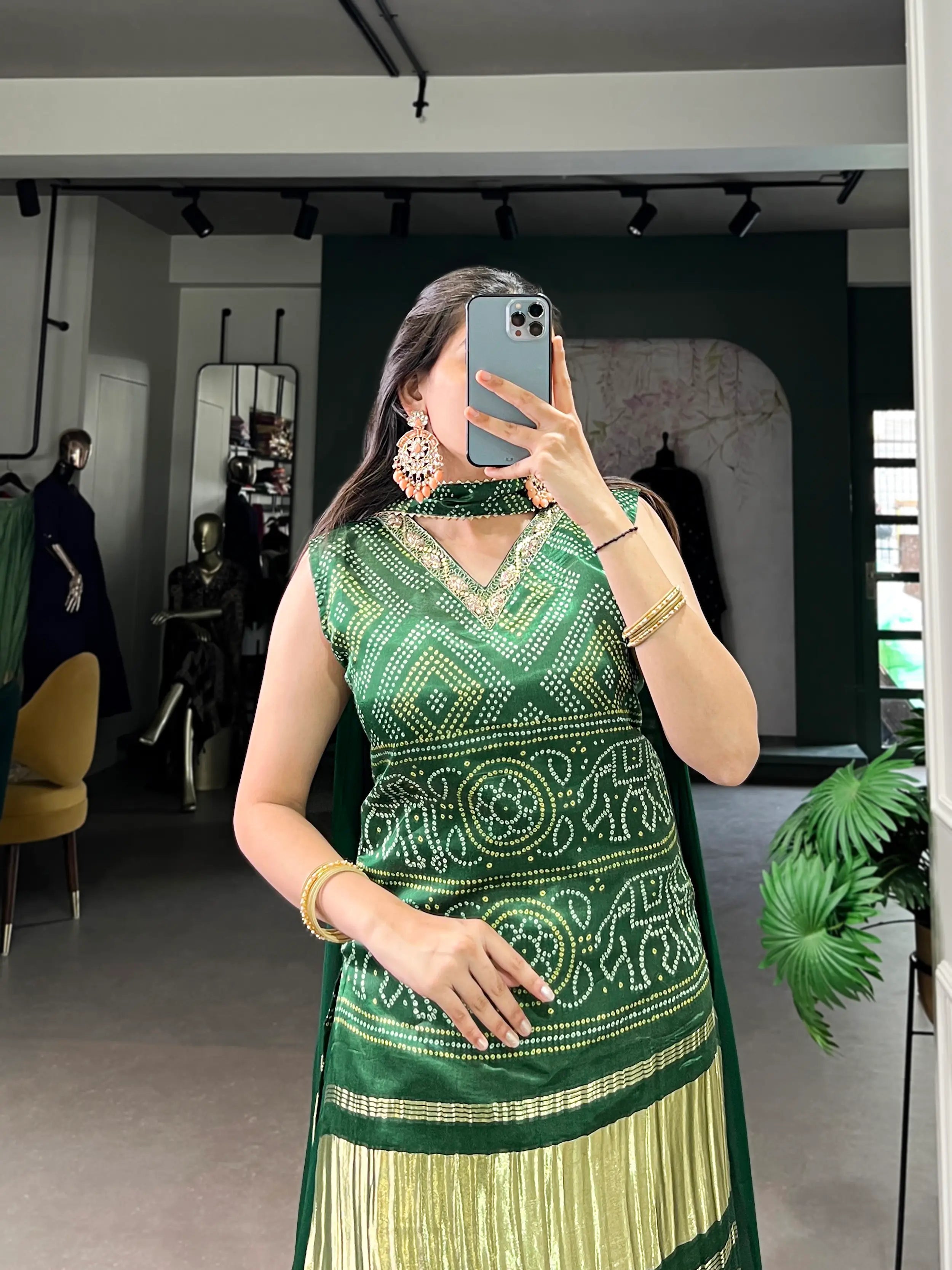 Green Gaji Silk Palazzo Salwar Suit With Print & Hand Work