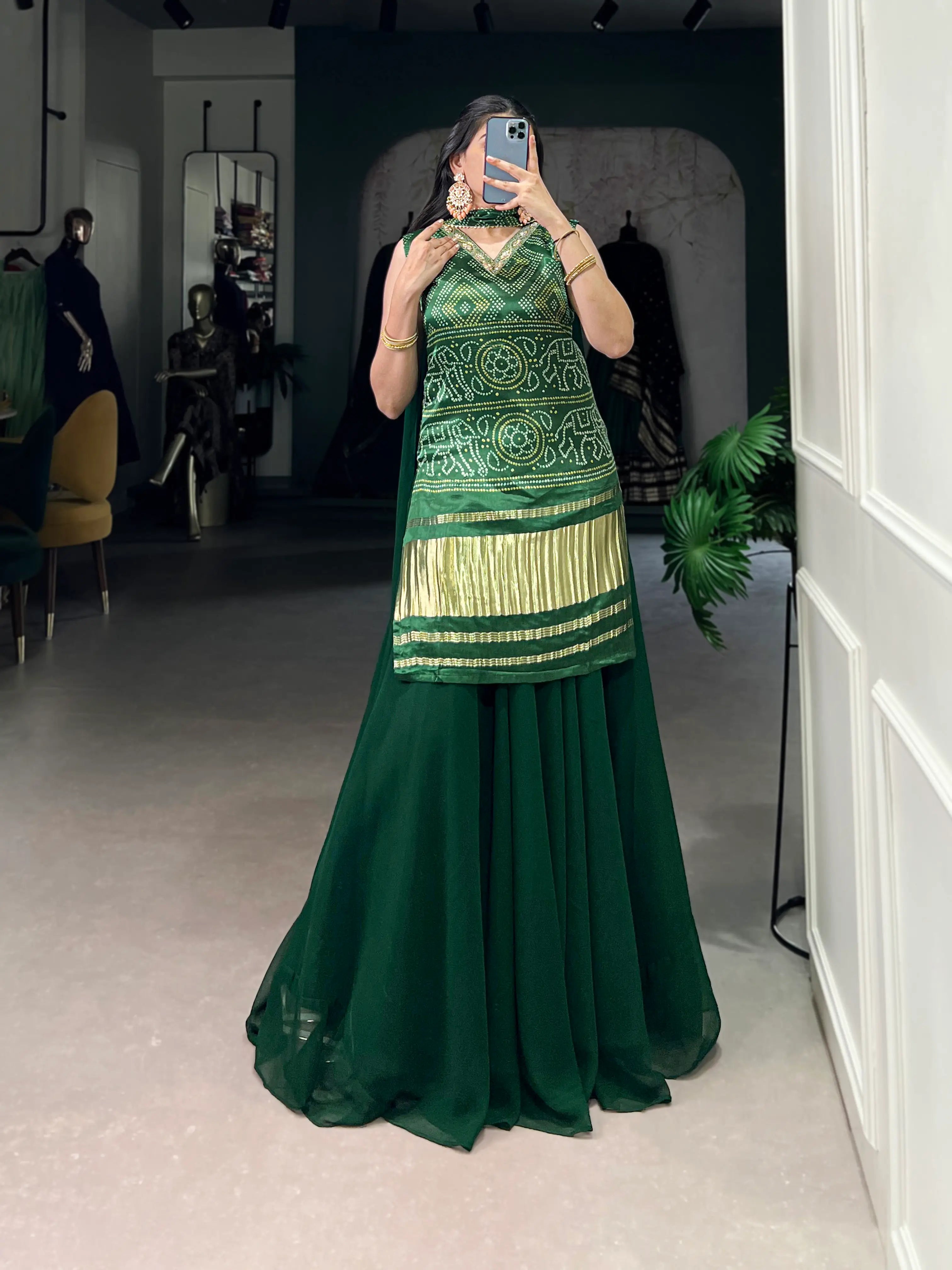 Green Gaji Silk Palazzo Salwar Suit With Print & Hand Work - qivii
