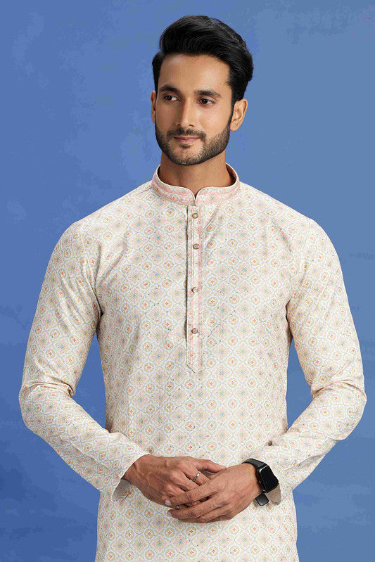 Men's Beige And Yellow Cotton Embroidery Collar Neck Pajama Set