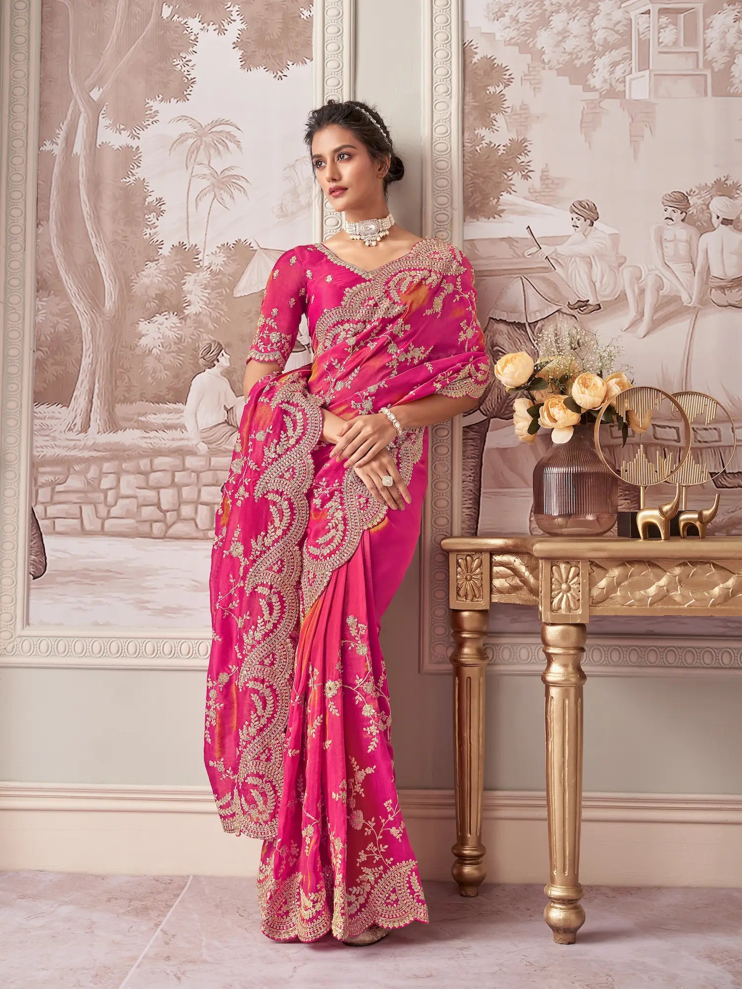 Pinkish Red Zari Tissue Hand Work & Heavy Cut Work Saree - qivii