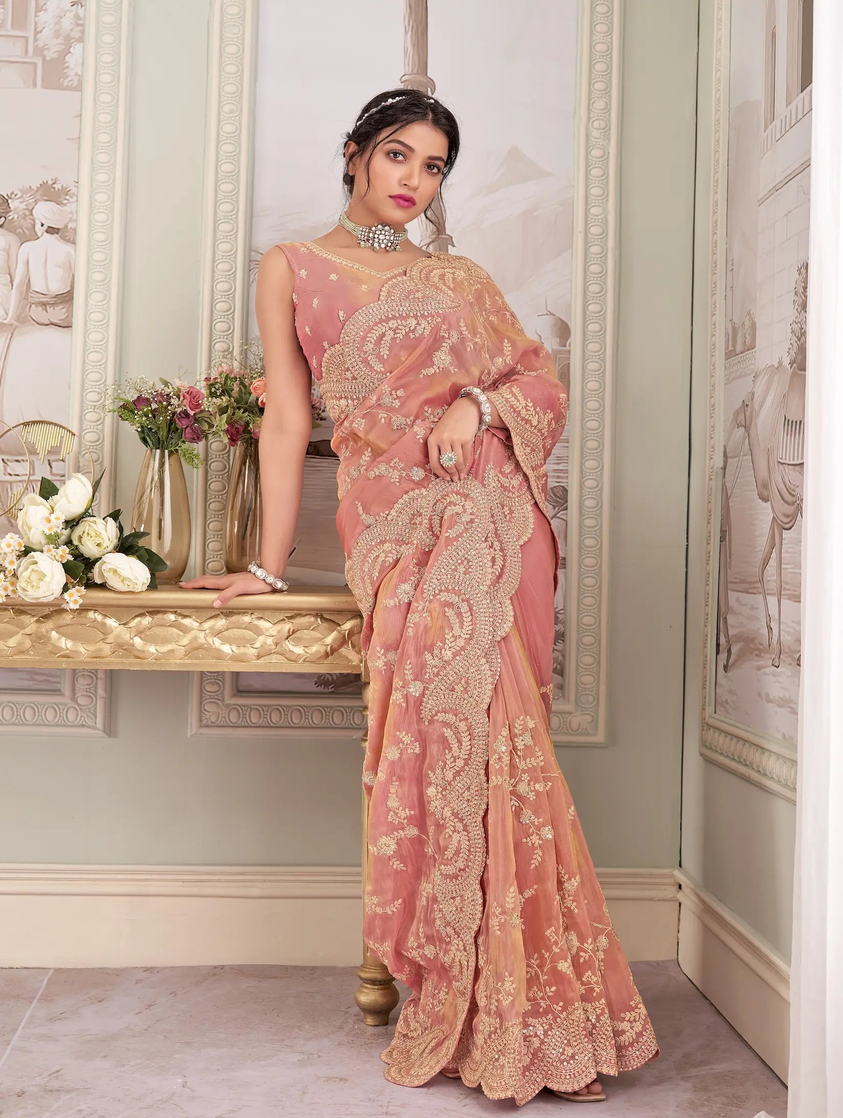 Peach Pink Zari Tissue Hand Work & Heavy Cut Work Saree - qivii