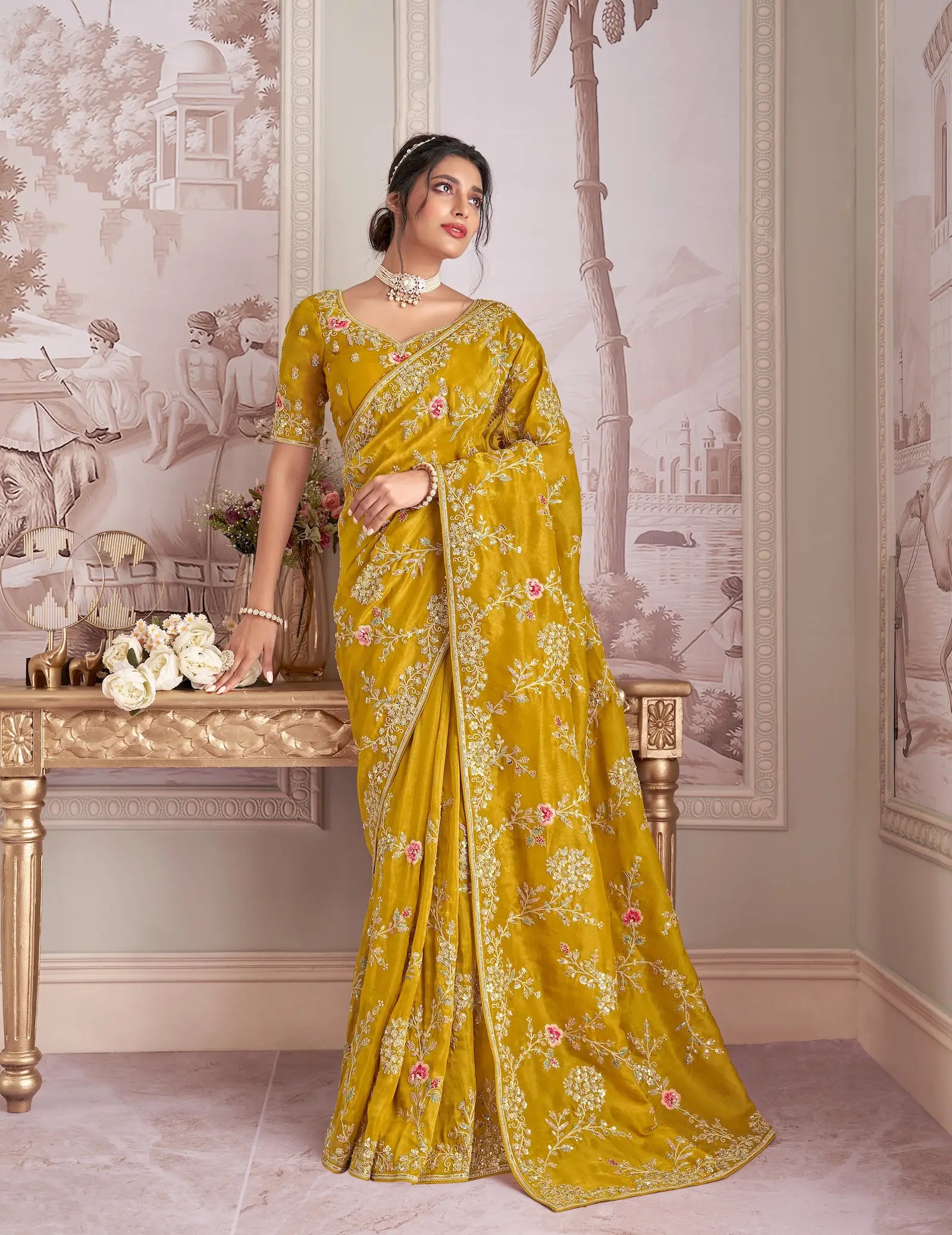 Honey Yellow Zari Tissue Hand Work & Heavy Cut Work Saree - qivii