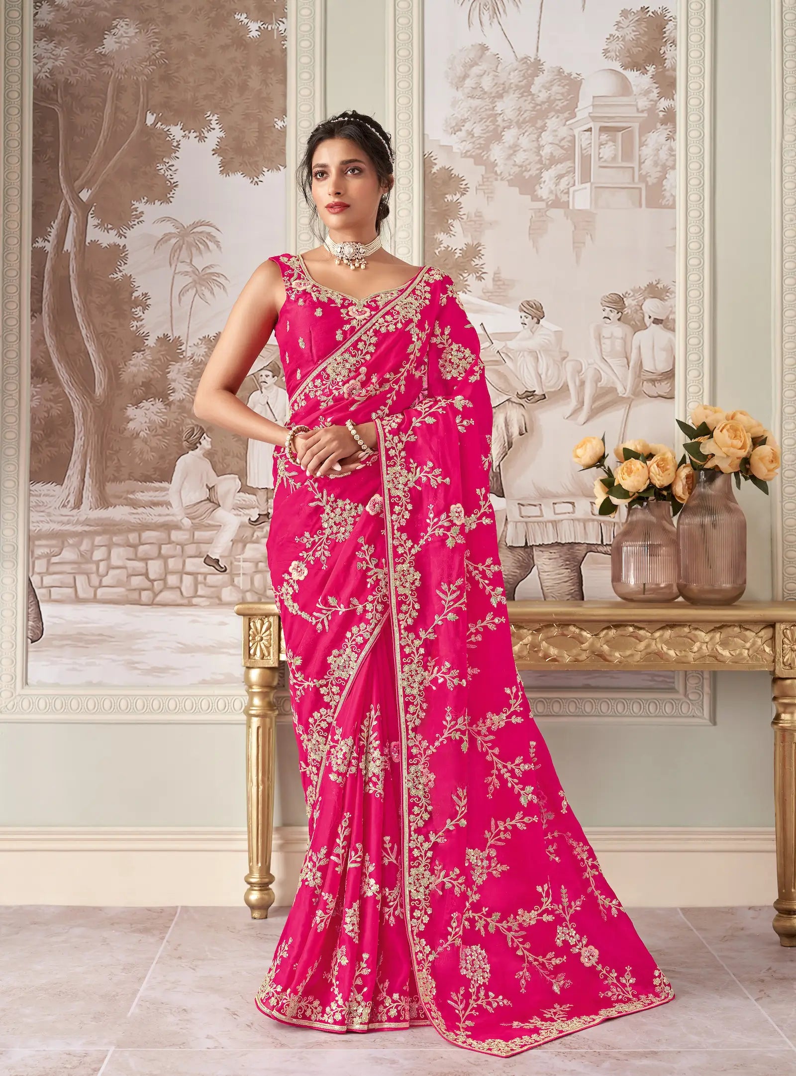 Hot Pink Organza Hand Work & Heavy Cut Work Saree - qivii