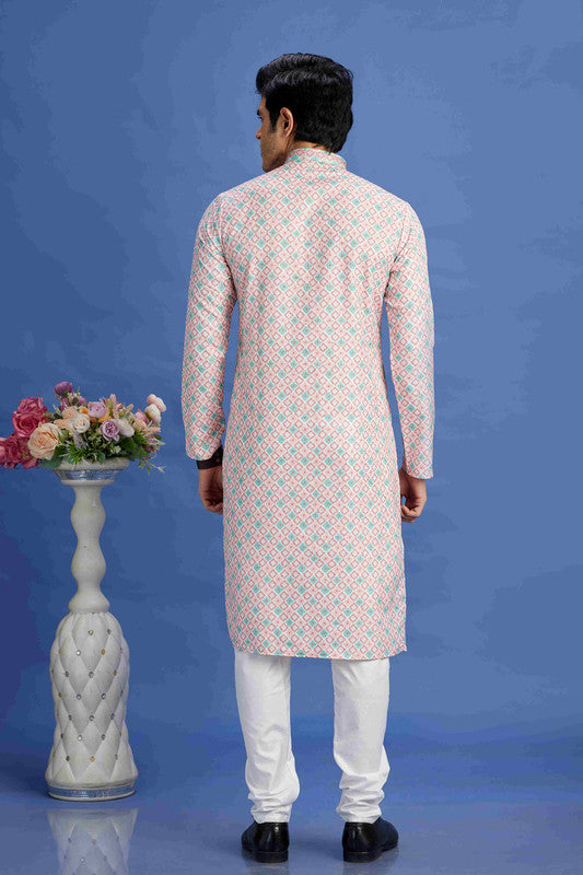 Men's Peach Cotton Embroidery Collar Neck Pajama Set