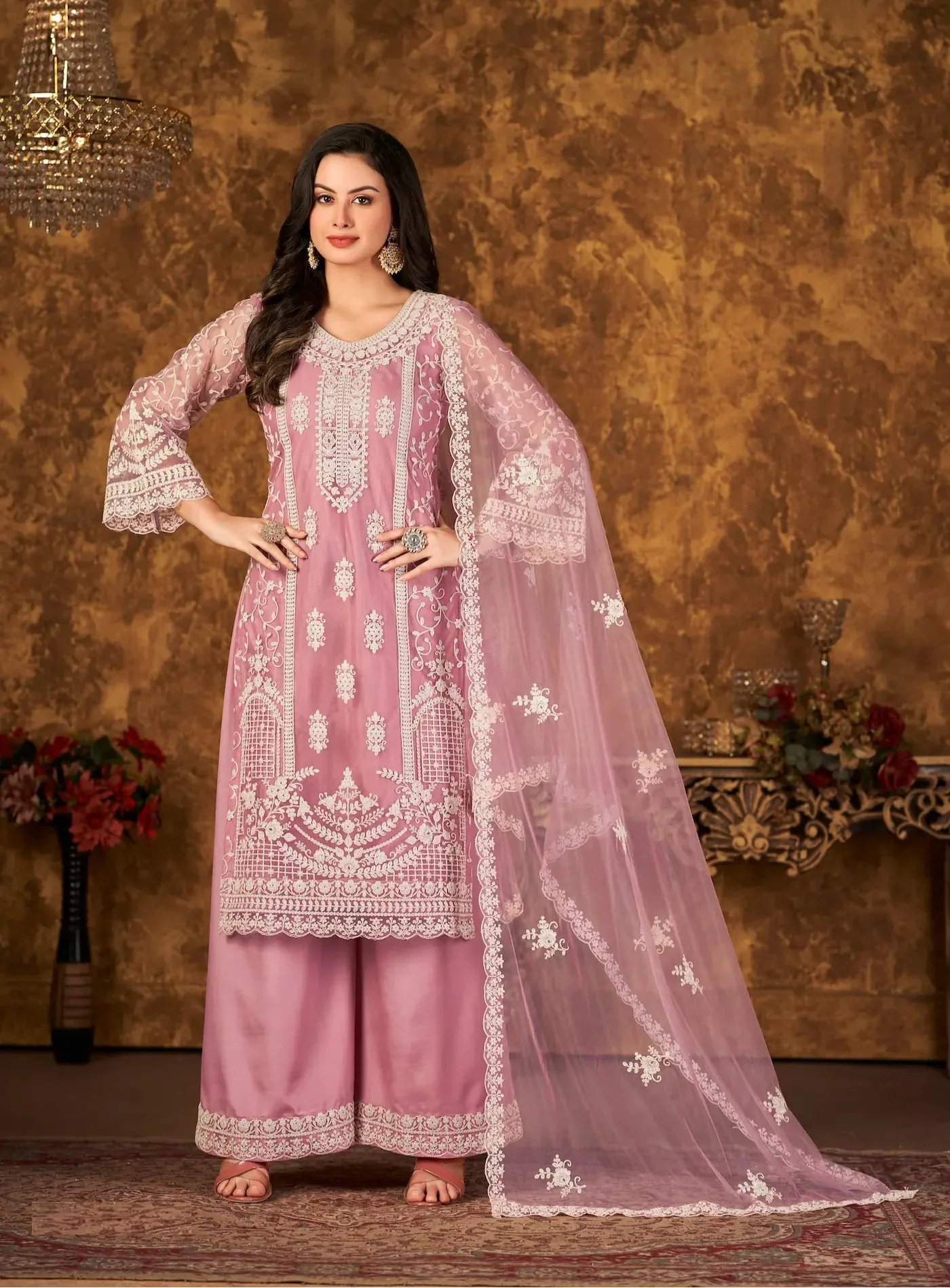 Light Pink Net Salwar Suit With Thread & Sequence Embroidery Work - qivii