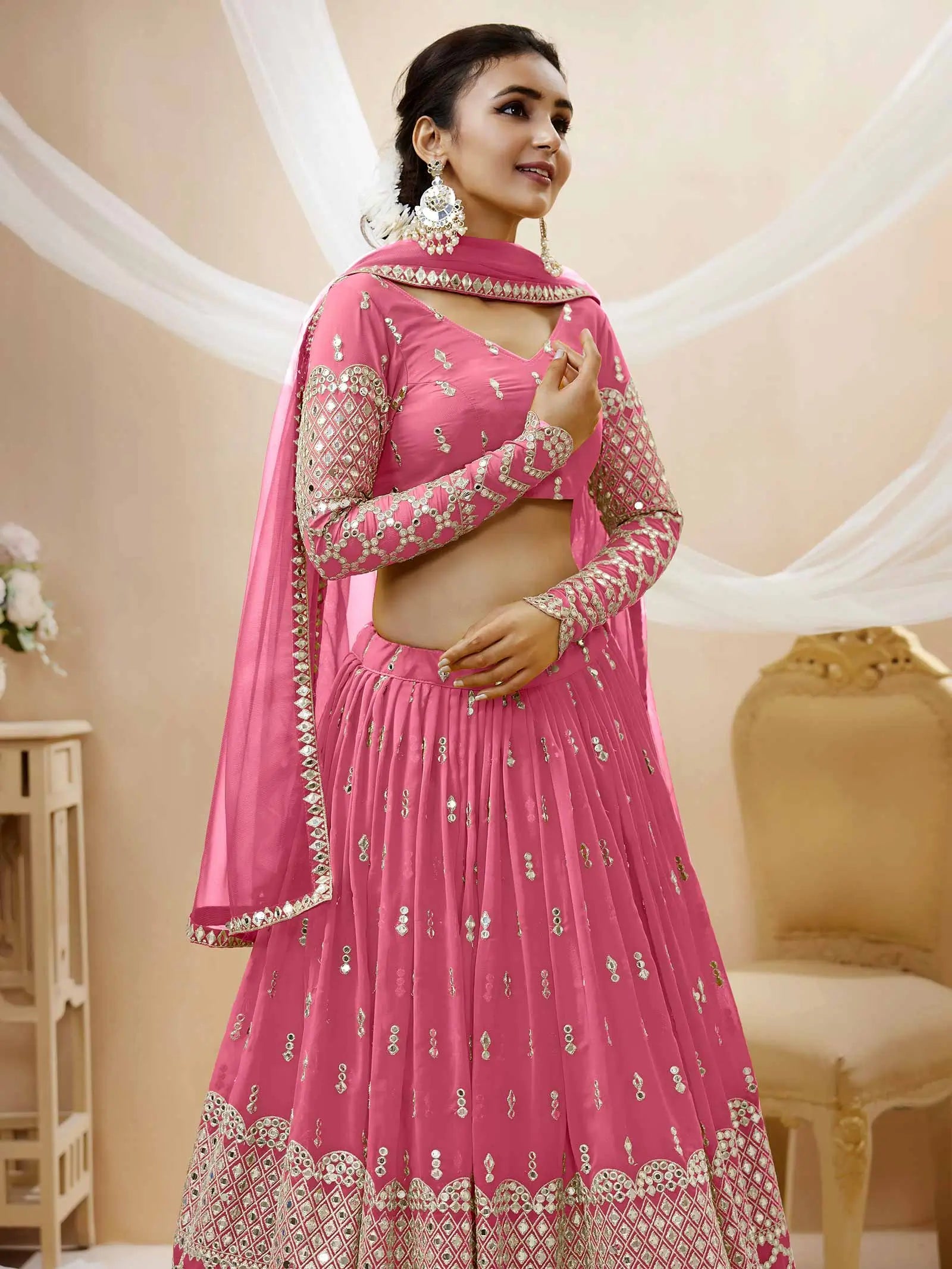 Light Pink Georgette Lehenga With Sequence And Zari Embroidery Work | Ready To Wear - qivii