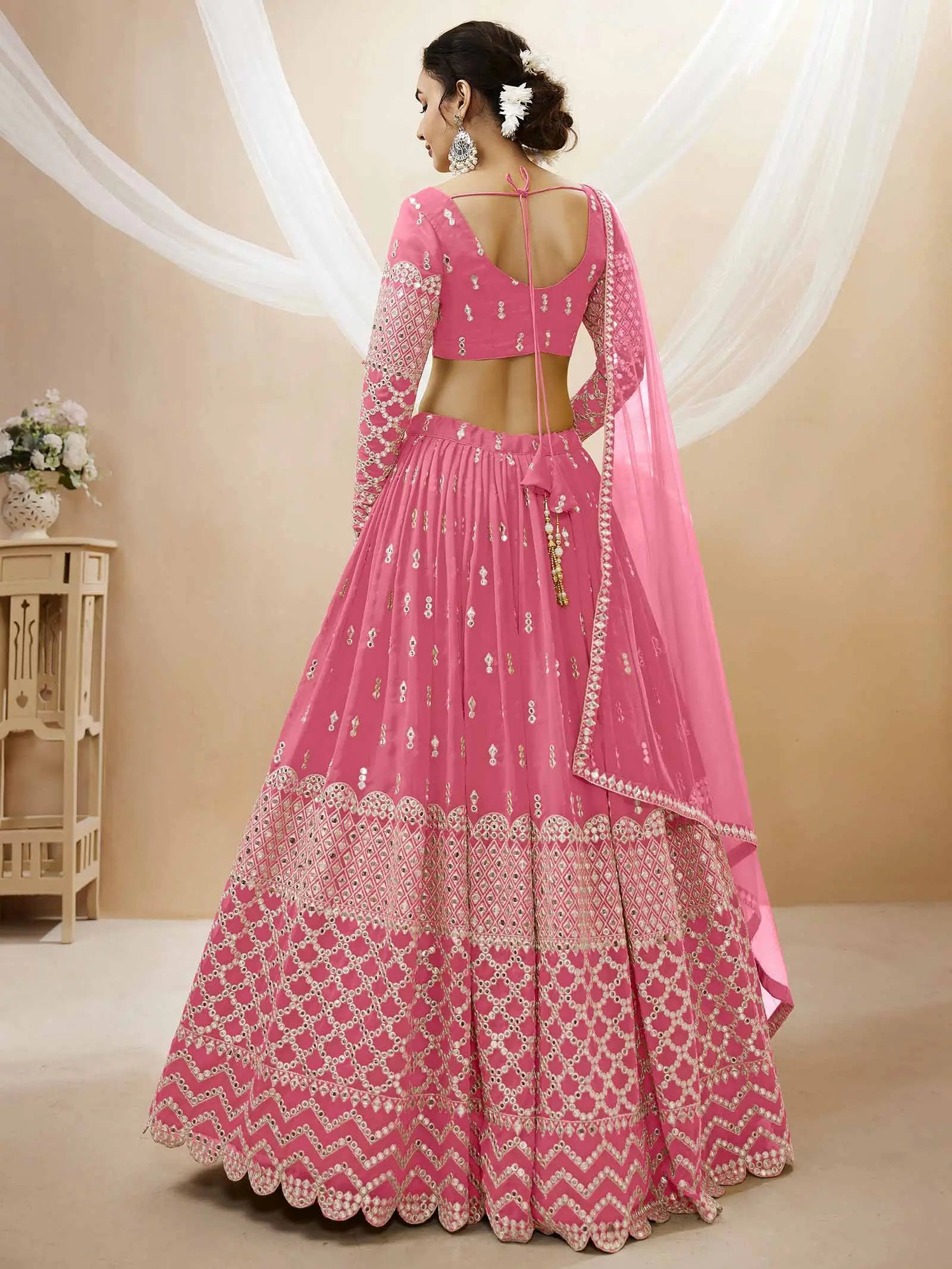 Light Pink Georgette Lehenga With Sequence And Zari Embroidery Work | Ready To Wear - qivii