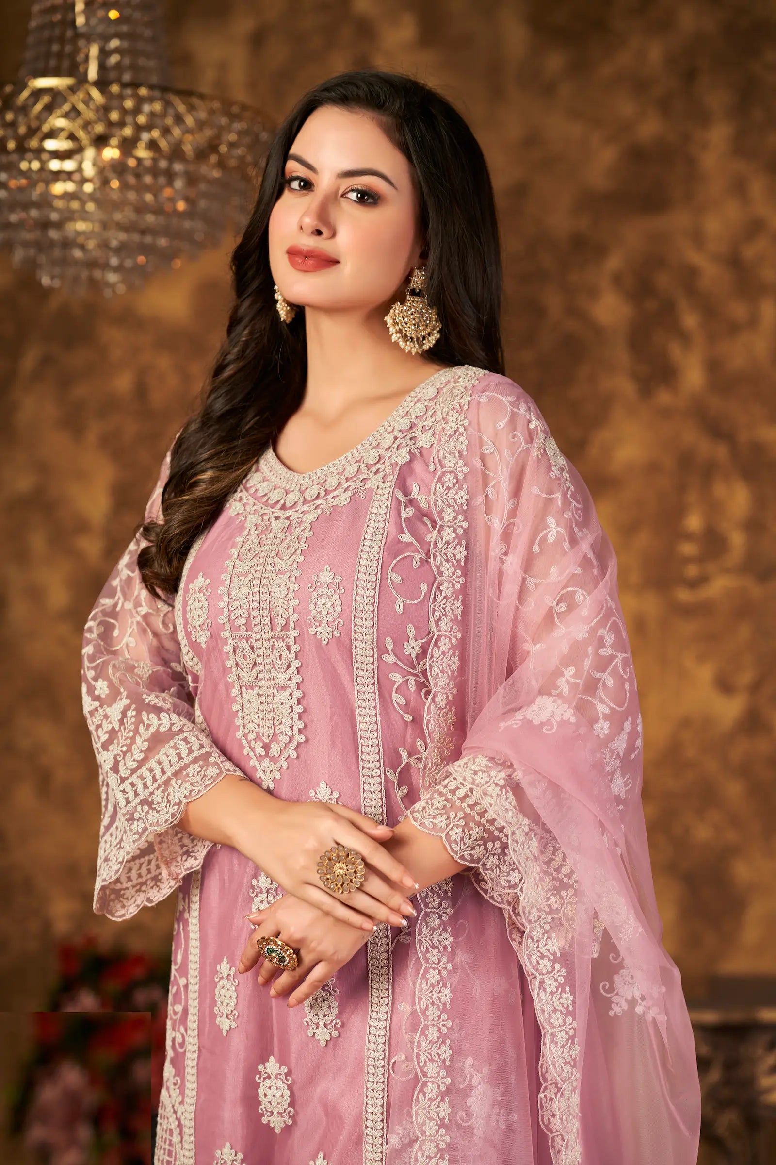 Light Pink Net Salwar Suit With Thread & Sequence Embroidery Work - qivii