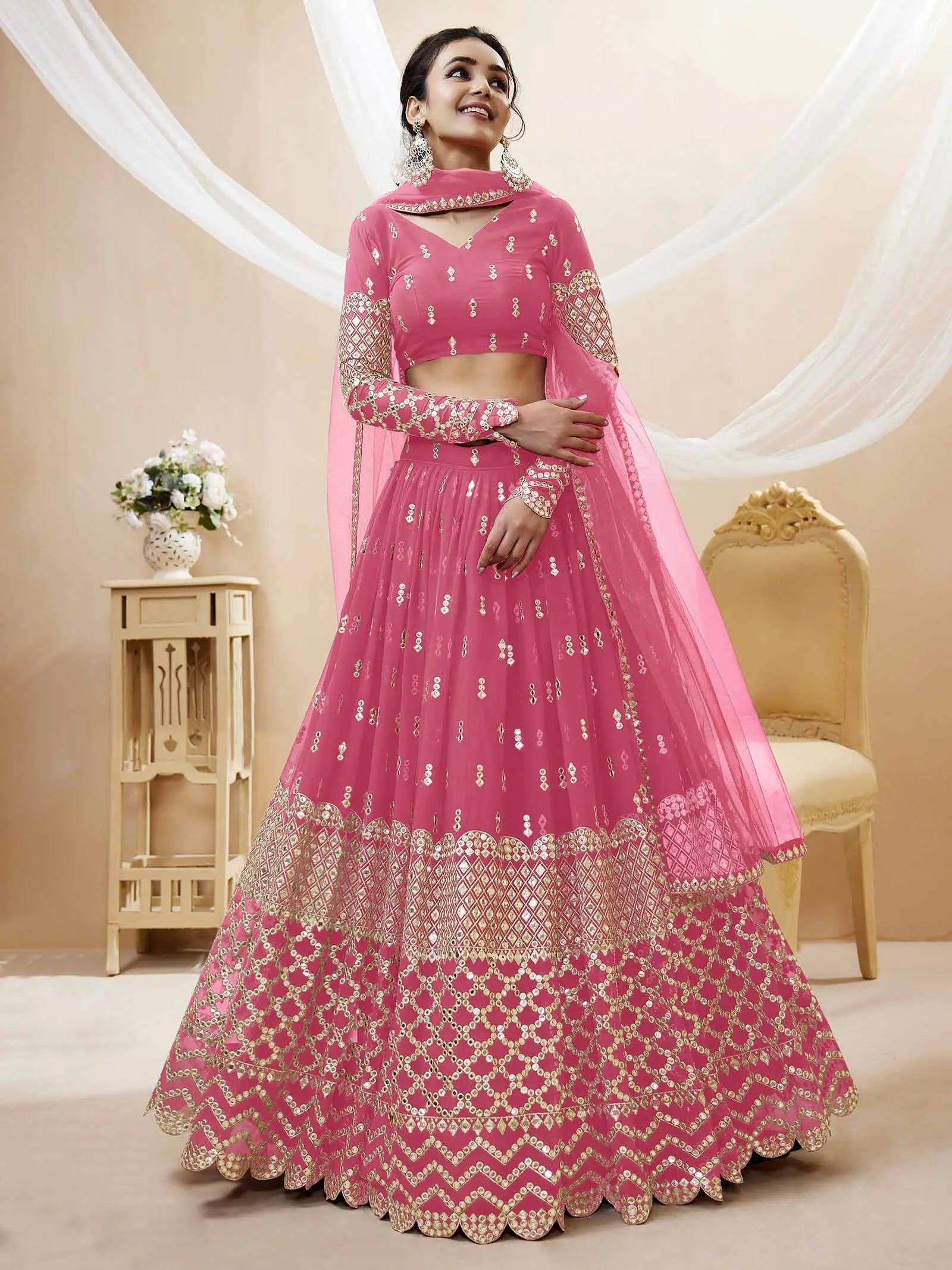 Light Pink Georgette Lehenga With Sequence And Zari Embroidery Work | Ready To Wear - qivii