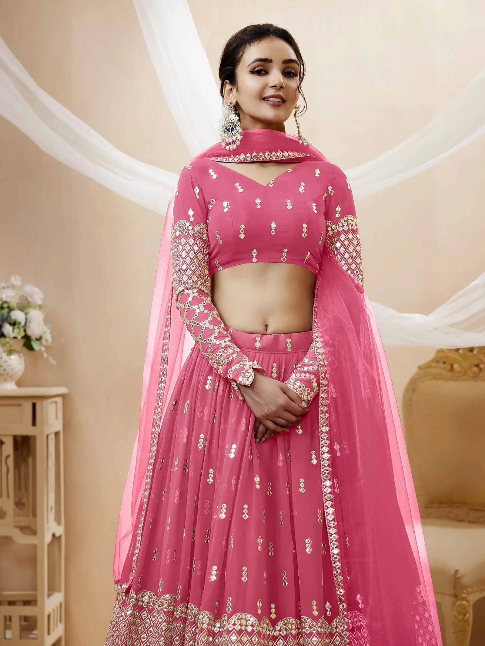 Light Pink Georgette Lehenga With Sequence And Zari Embroidery Work | Ready To Wear - qivii