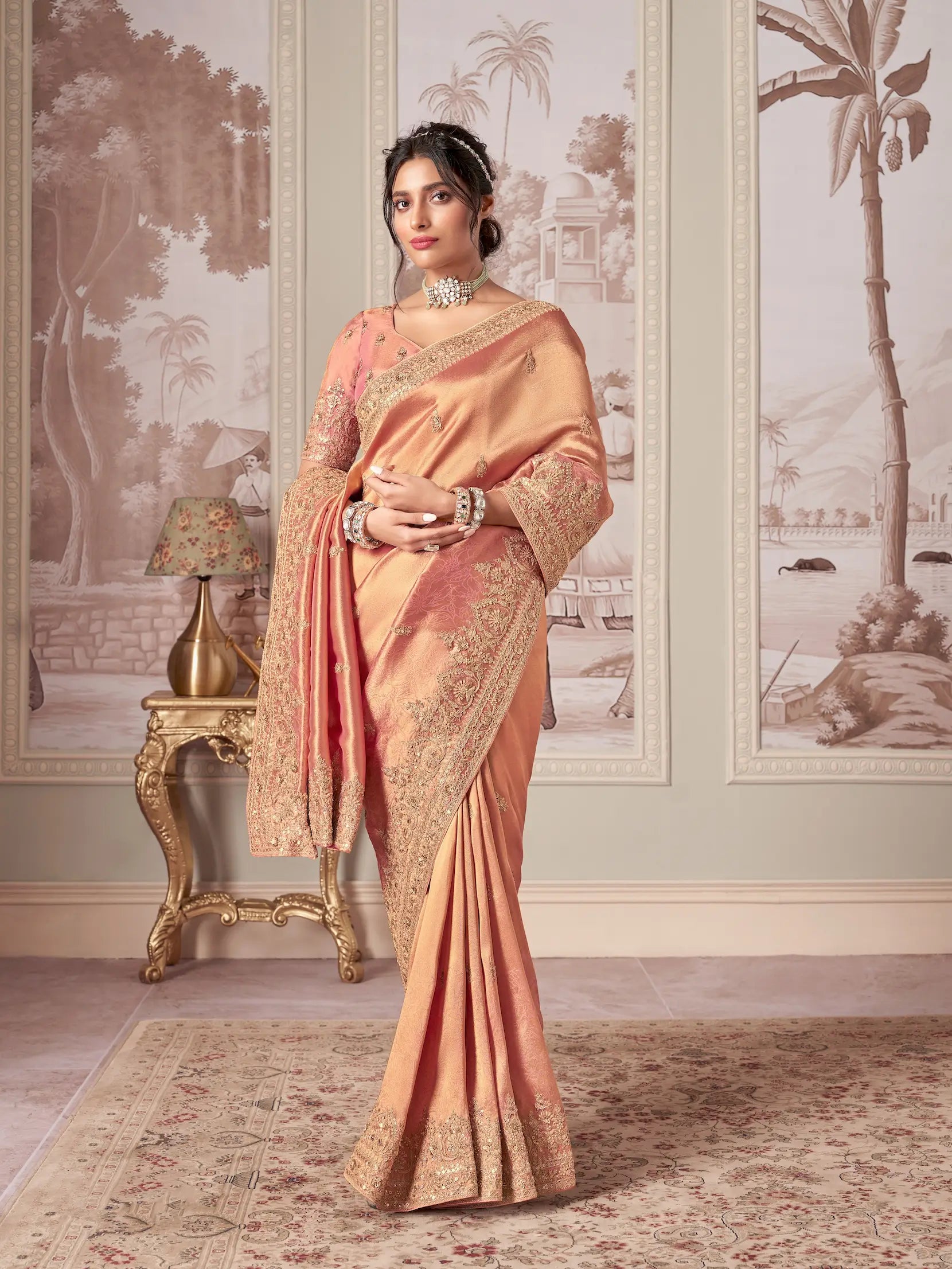 Peach Jacquard Silk Hand Work & Heavy Cut Work Saree - qivii