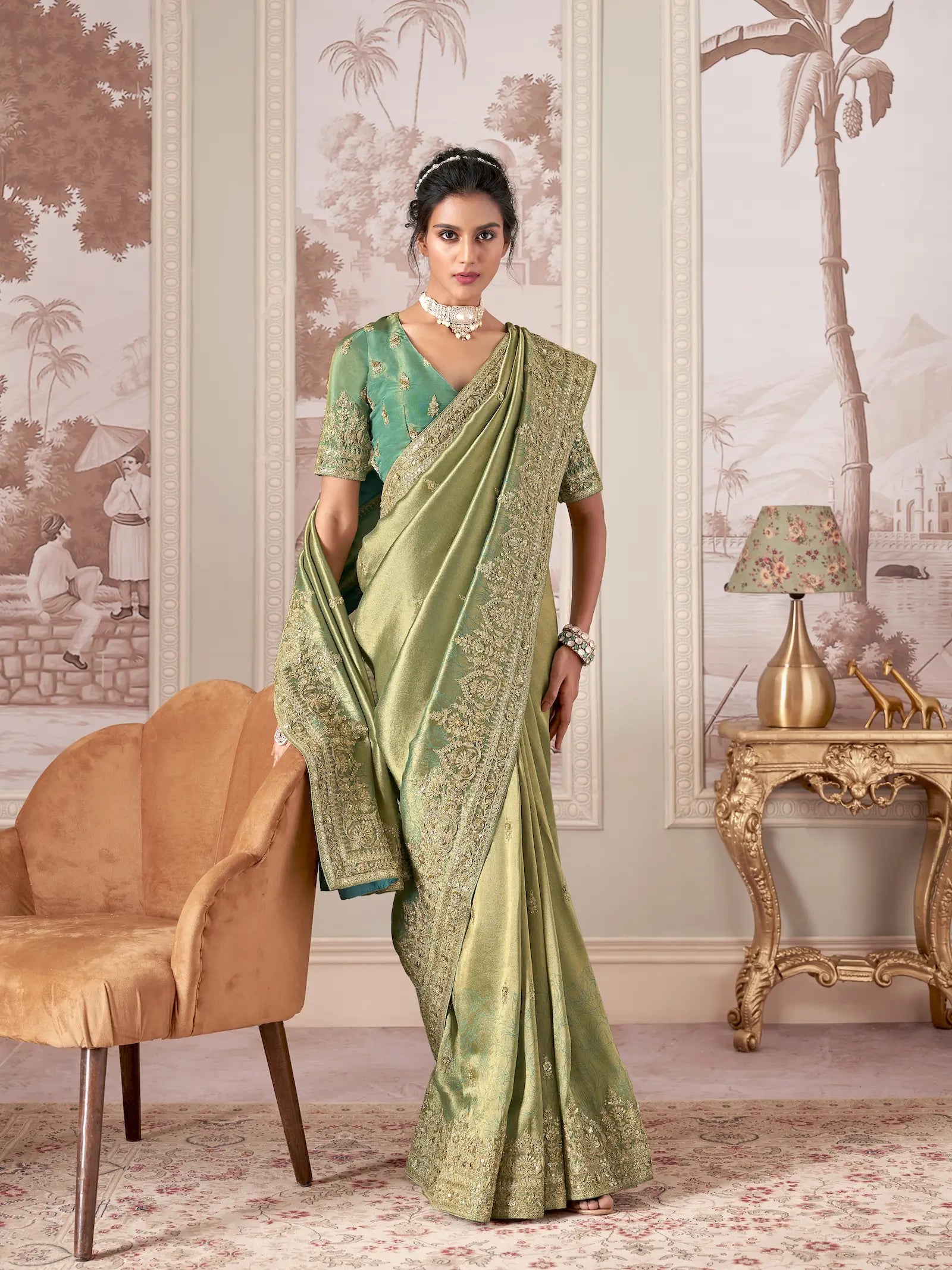 Sea Green Jacquard Silk Hand Work & Heavy Cut Work Saree - qivii