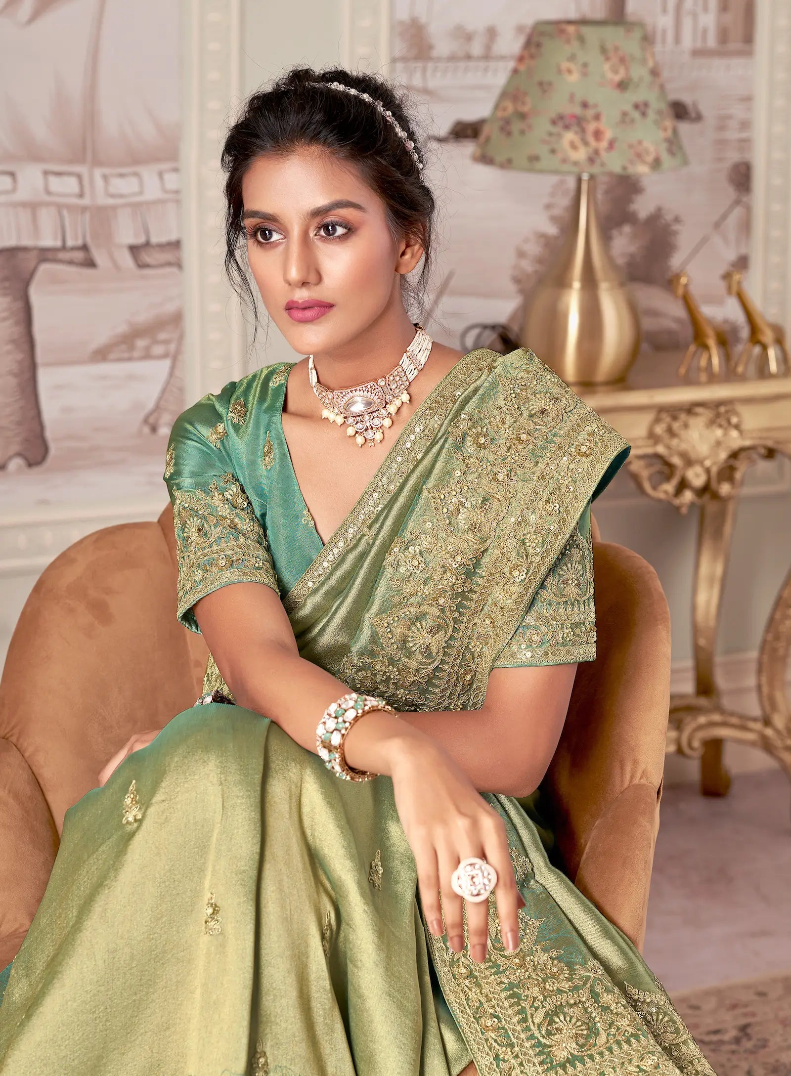 Sea Green Jacquard Silk Hand Work & Heavy Cut Work Saree - qivii