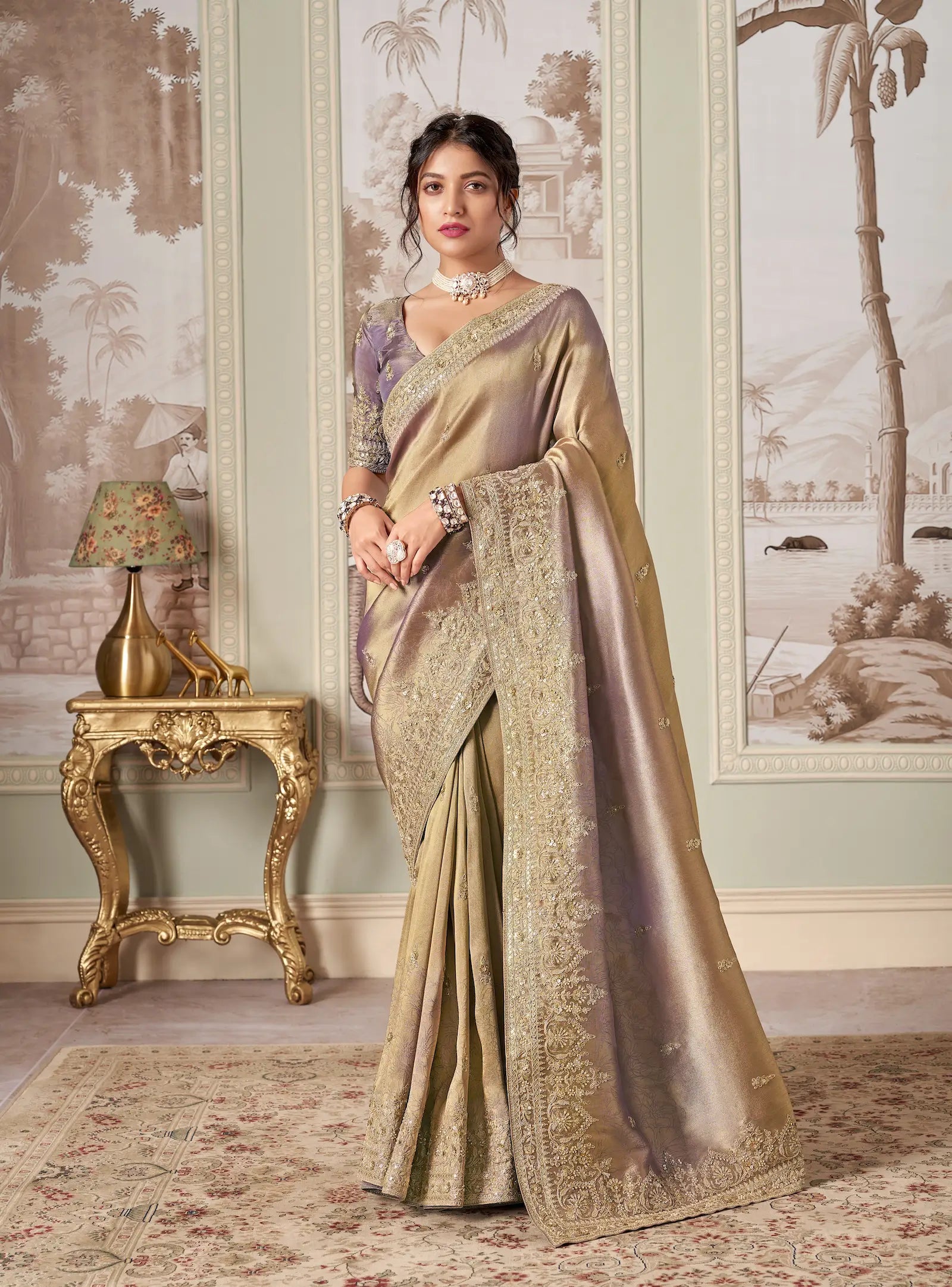 Golden Beige Jacquard Silk Hand Work & Heavy Cut Work Saree - qivii