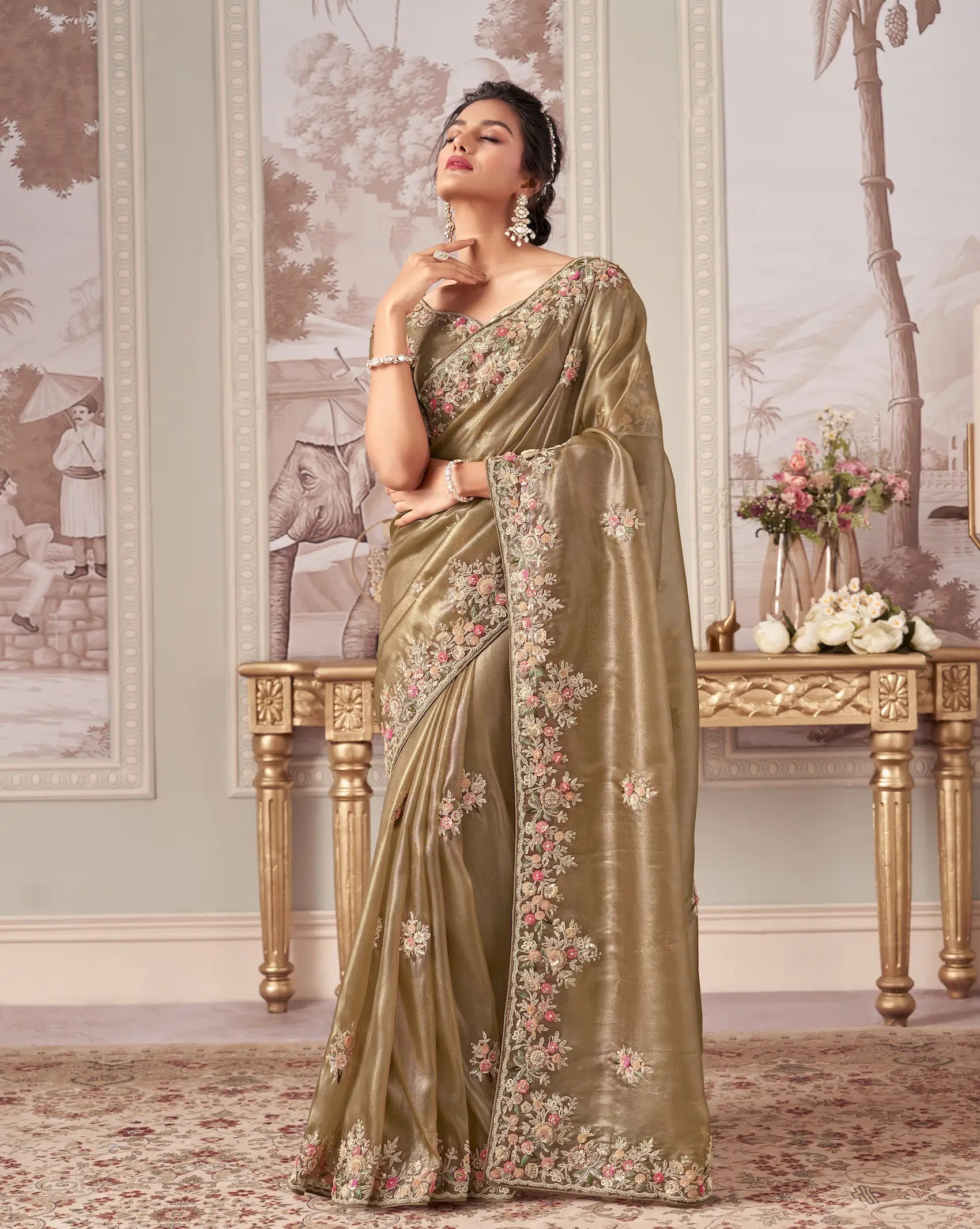 Golden Beige Rayana Silk Hand Work & Heavy Cut Work Saree - qivii
