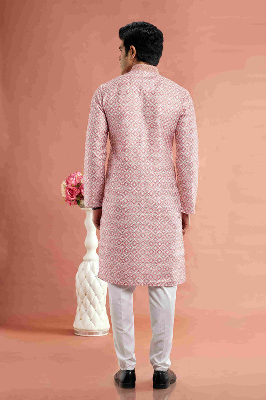 Men's Light Pink Cotton Thread Work Collar Neck Pajama Set