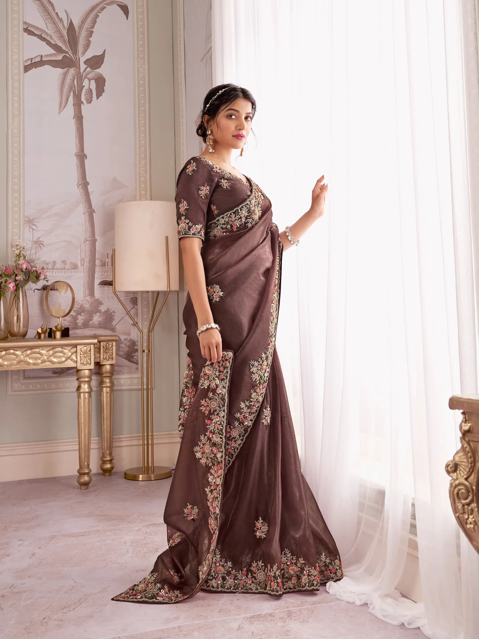 Cocoa Brown Rayana Silk Hand Work & Heavy Cut Work Saree - qivii
