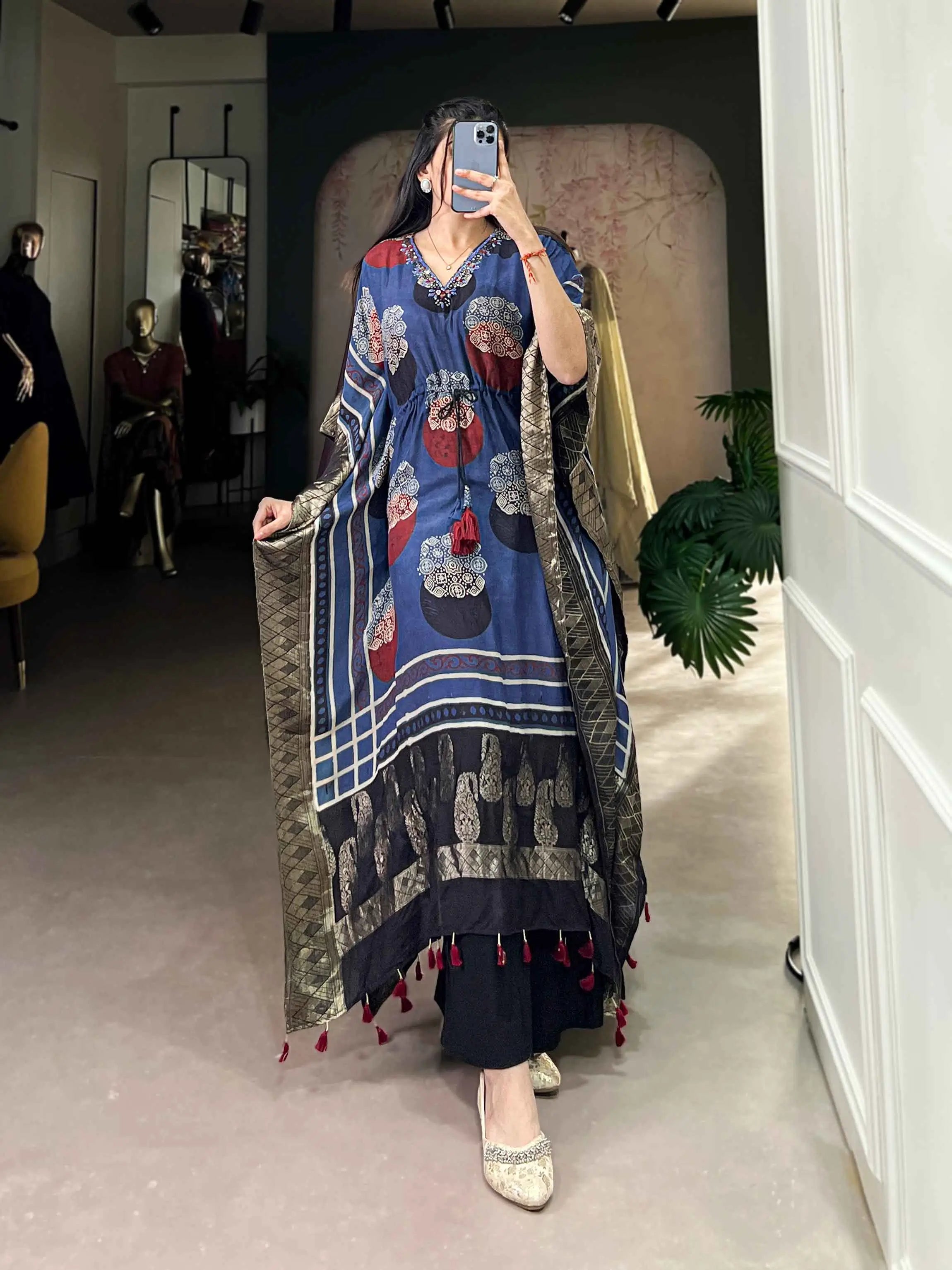 Blue Real Mirror And Hand Work With Zari Border Kaftan - qivii