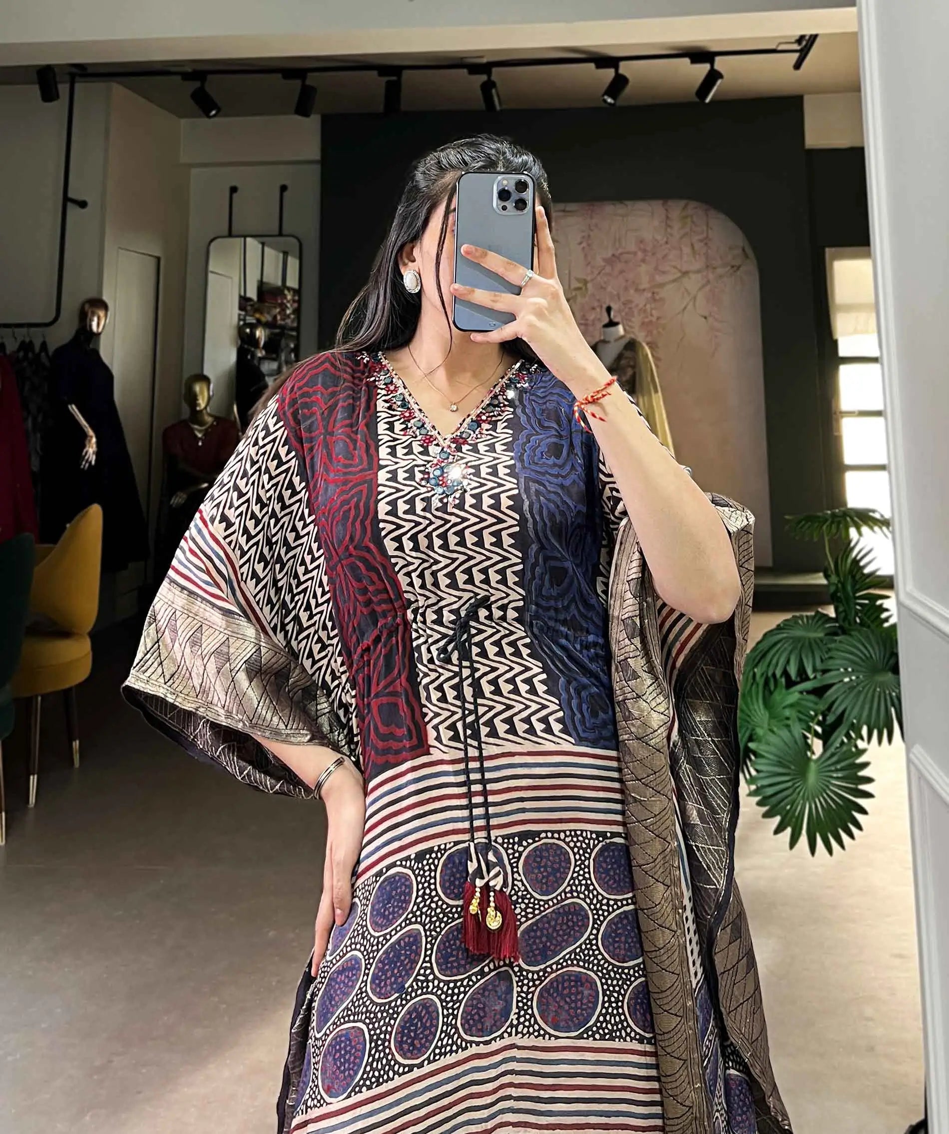 Multi Color Real Mirror Hand Work With Zari Border Kaftan - qivii