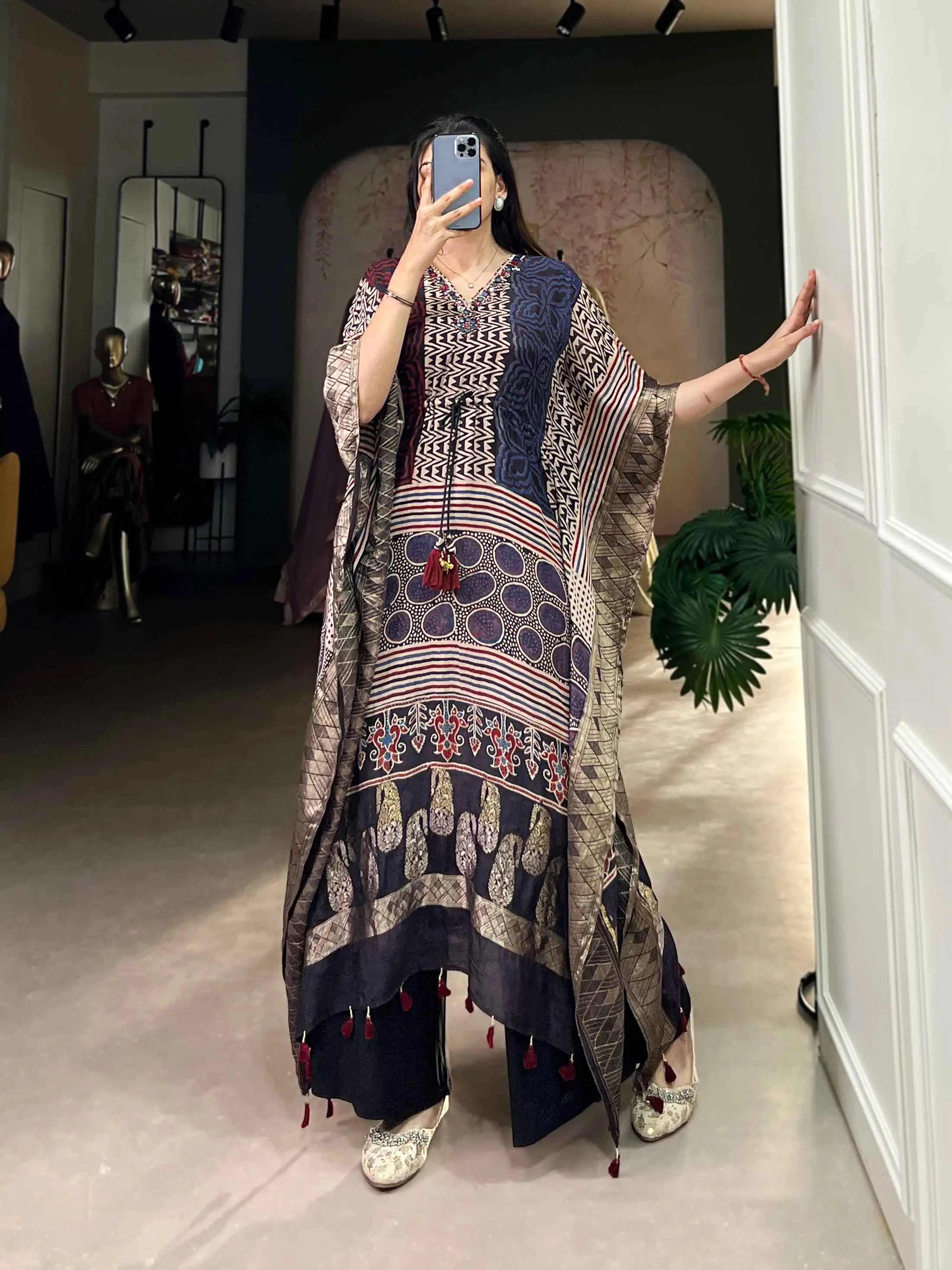 Multi Color Real Mirror Hand Work With Zari Border Kaftan - qivii