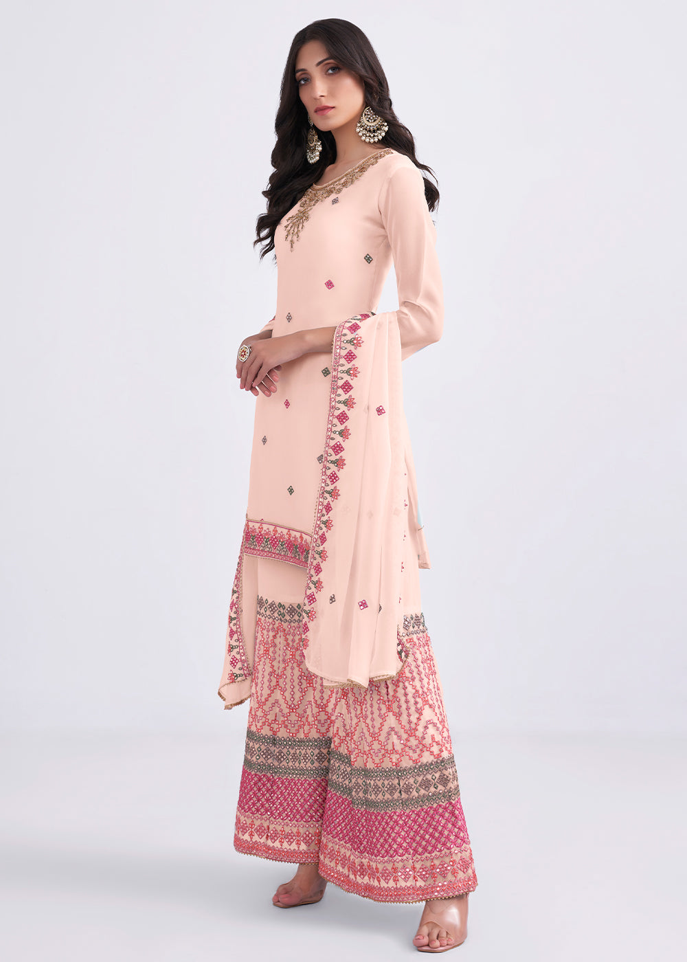 Peach Pink Designer Georgette Embroidered Suit - qivii