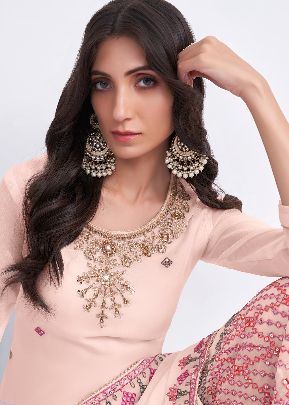 Peach Pink Designer Georgette Embroidered Suit - qivii