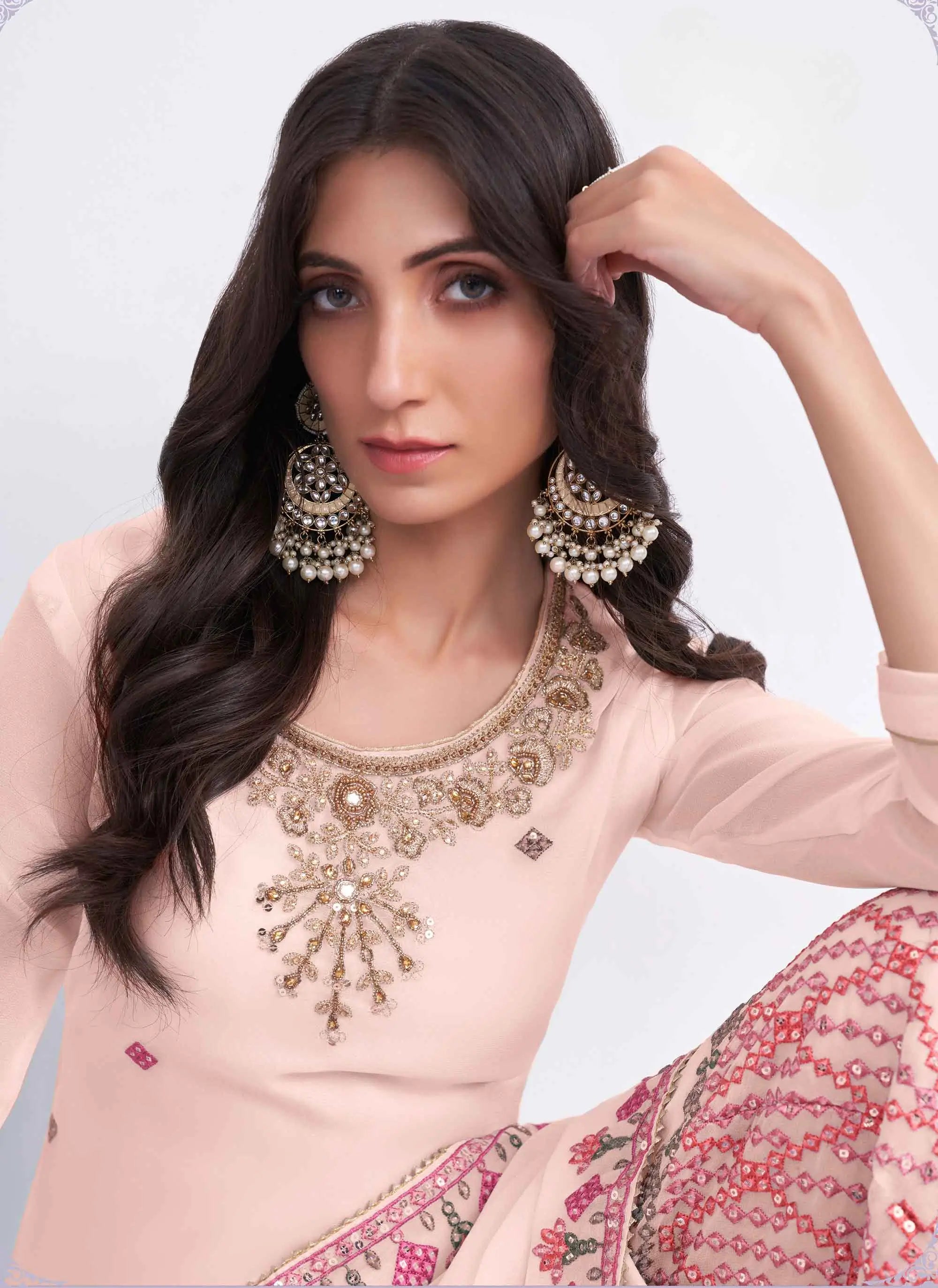 Peach Multi Thread Sequins Embroidery Hand Work Georgette Sharara Suit