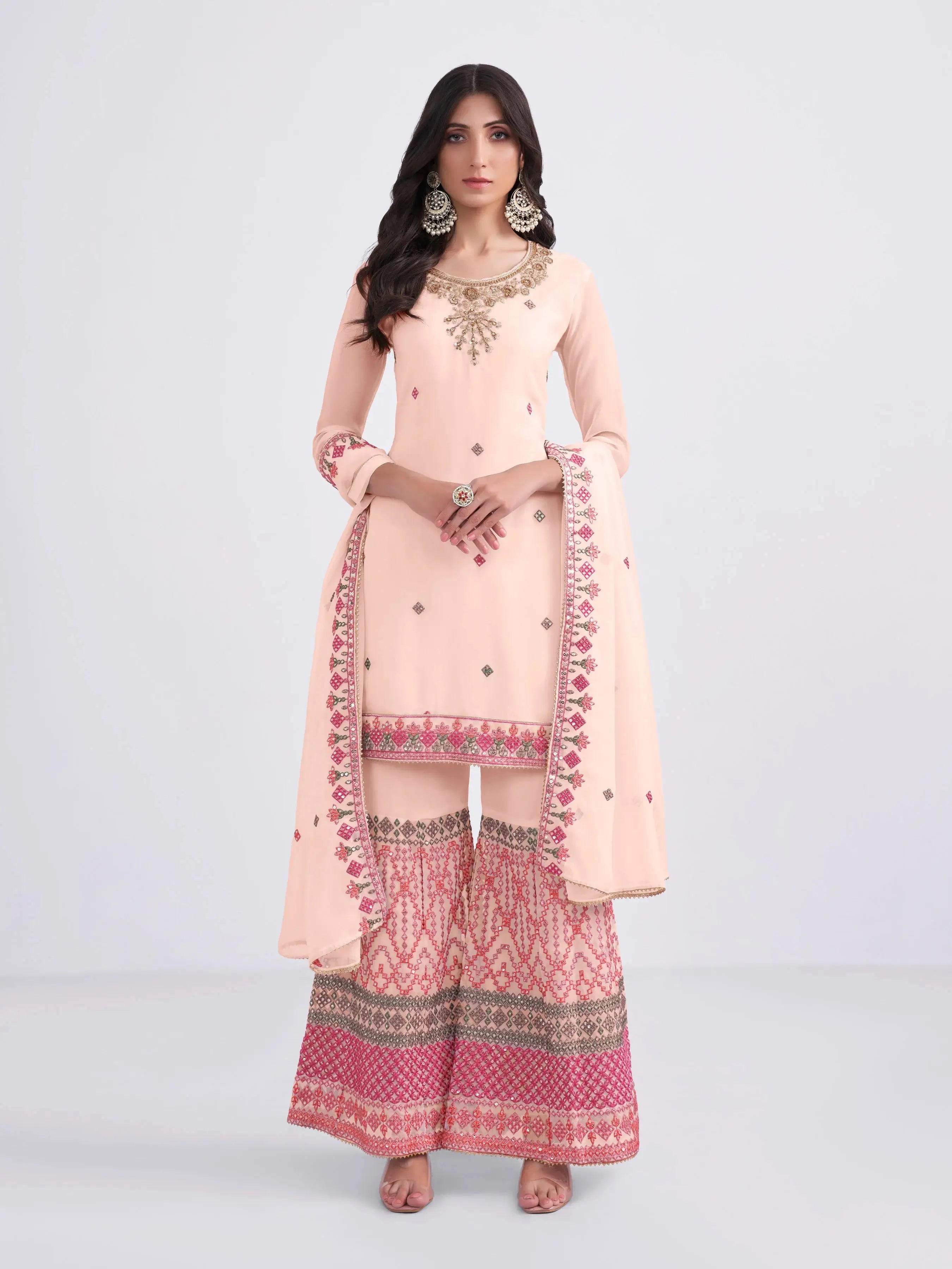 Peach Multi Thread Sequins Embroidery Hand Work Georgette Sharara Suit - qivii