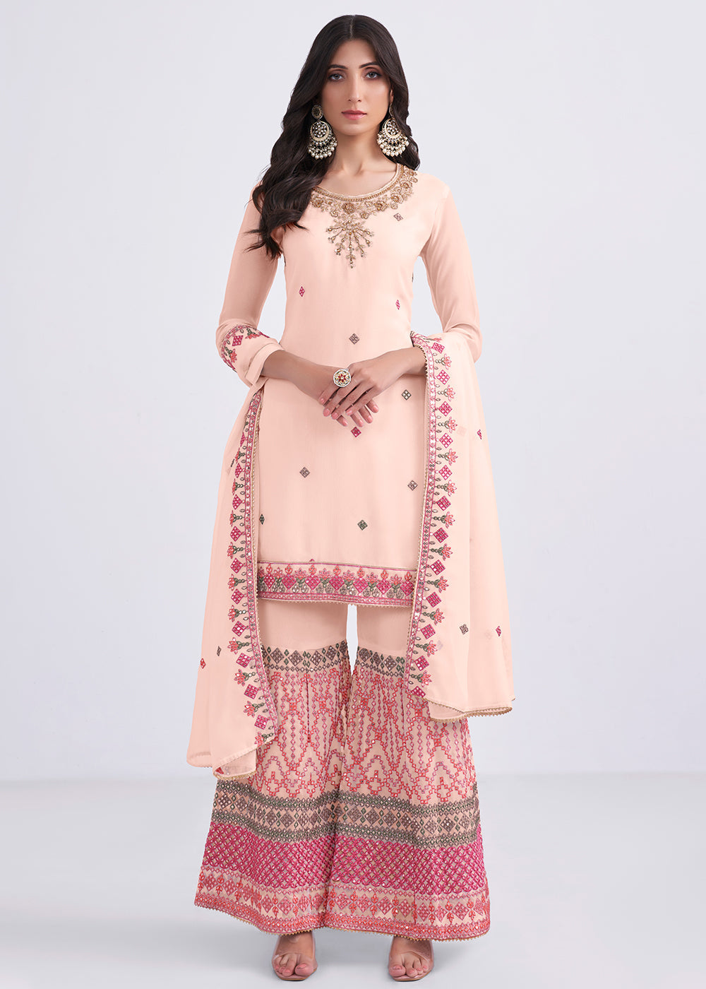 Peach Pink Designer Georgette Embroidered Suit - qivii