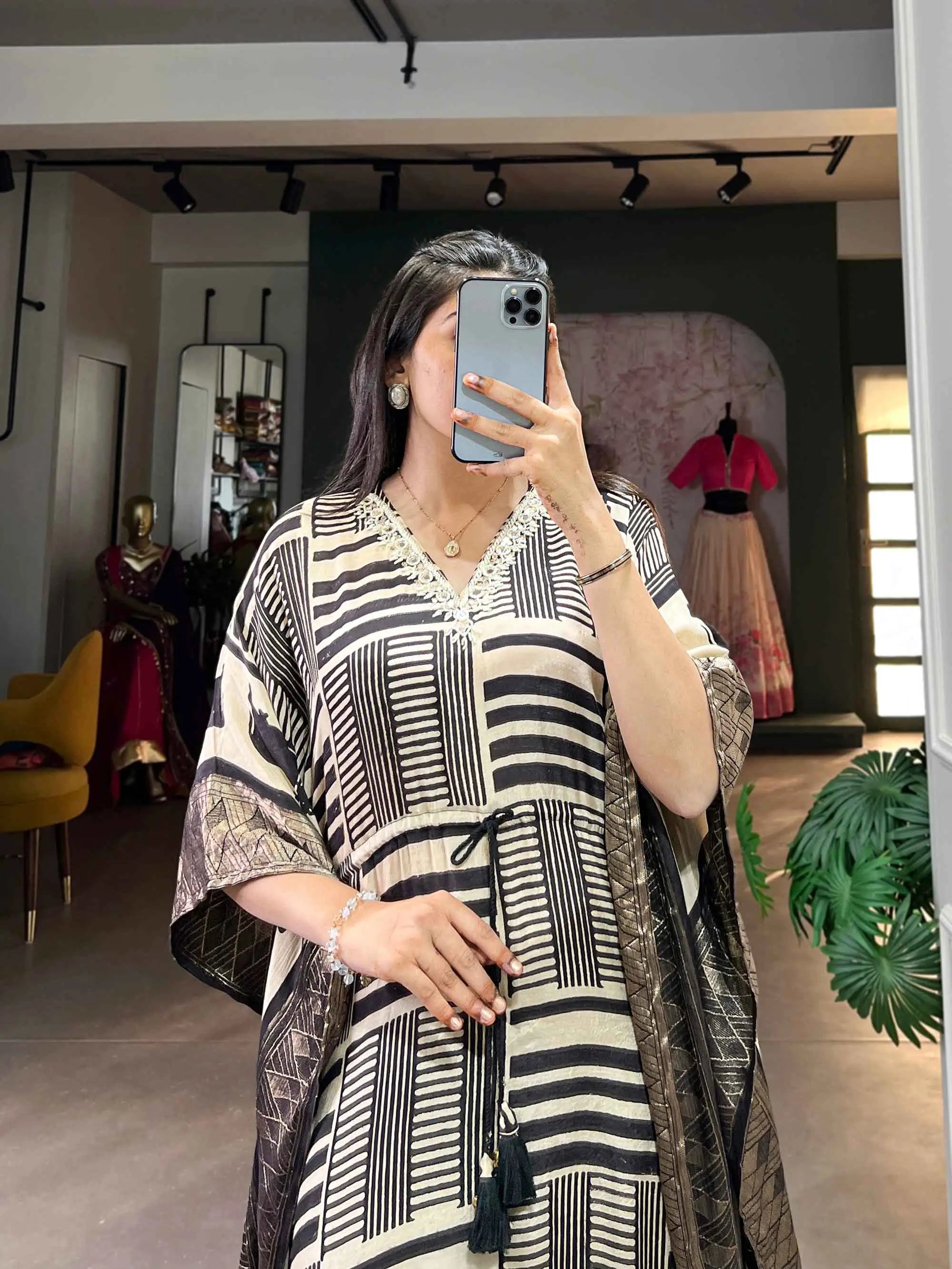 Cream Real Mirror And Hand Work With Zari Border Kaftan - qivii