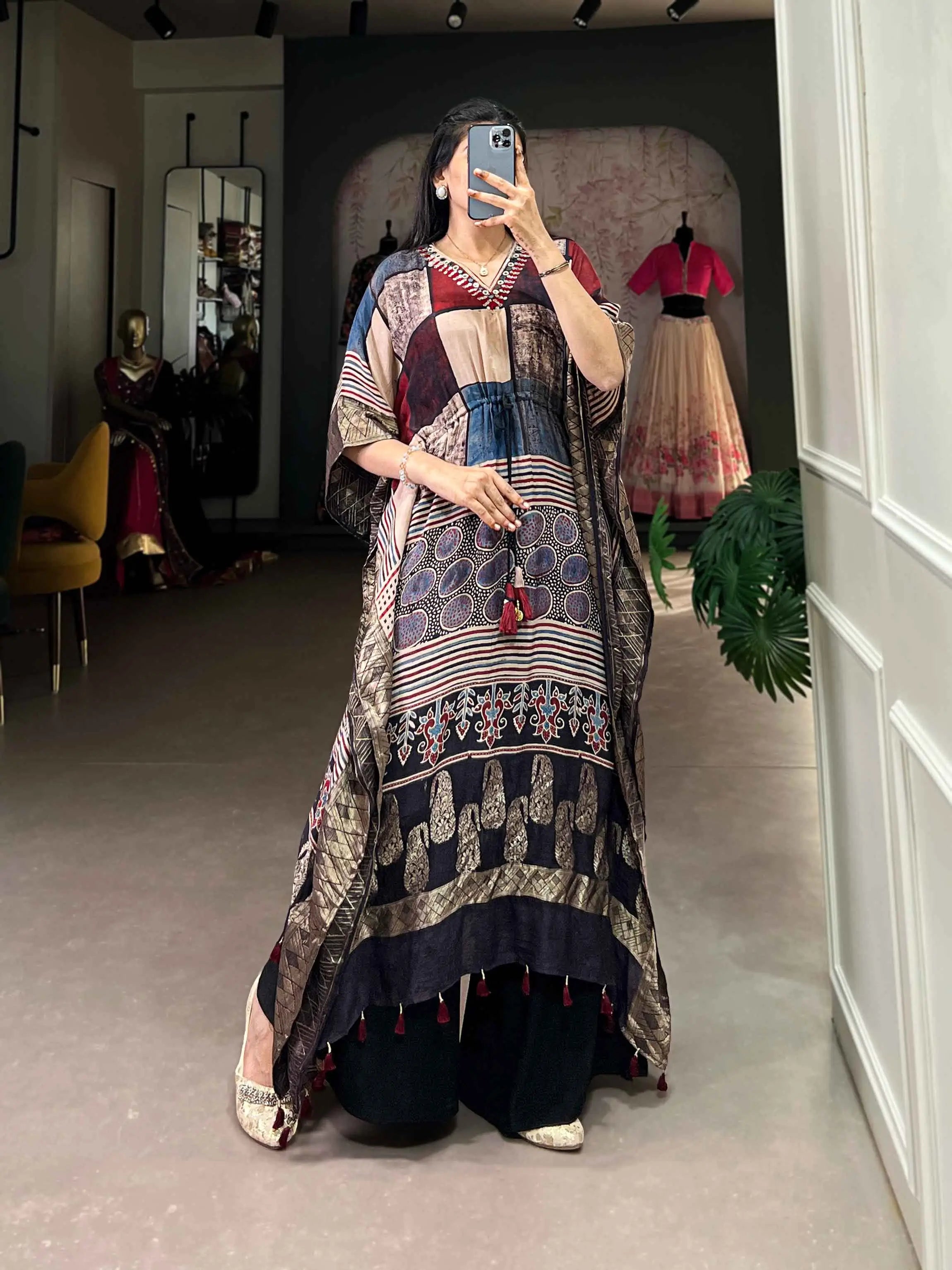 Designer Multi Color Real Mirror Hand Work With Zari Border Kaftan - qivii