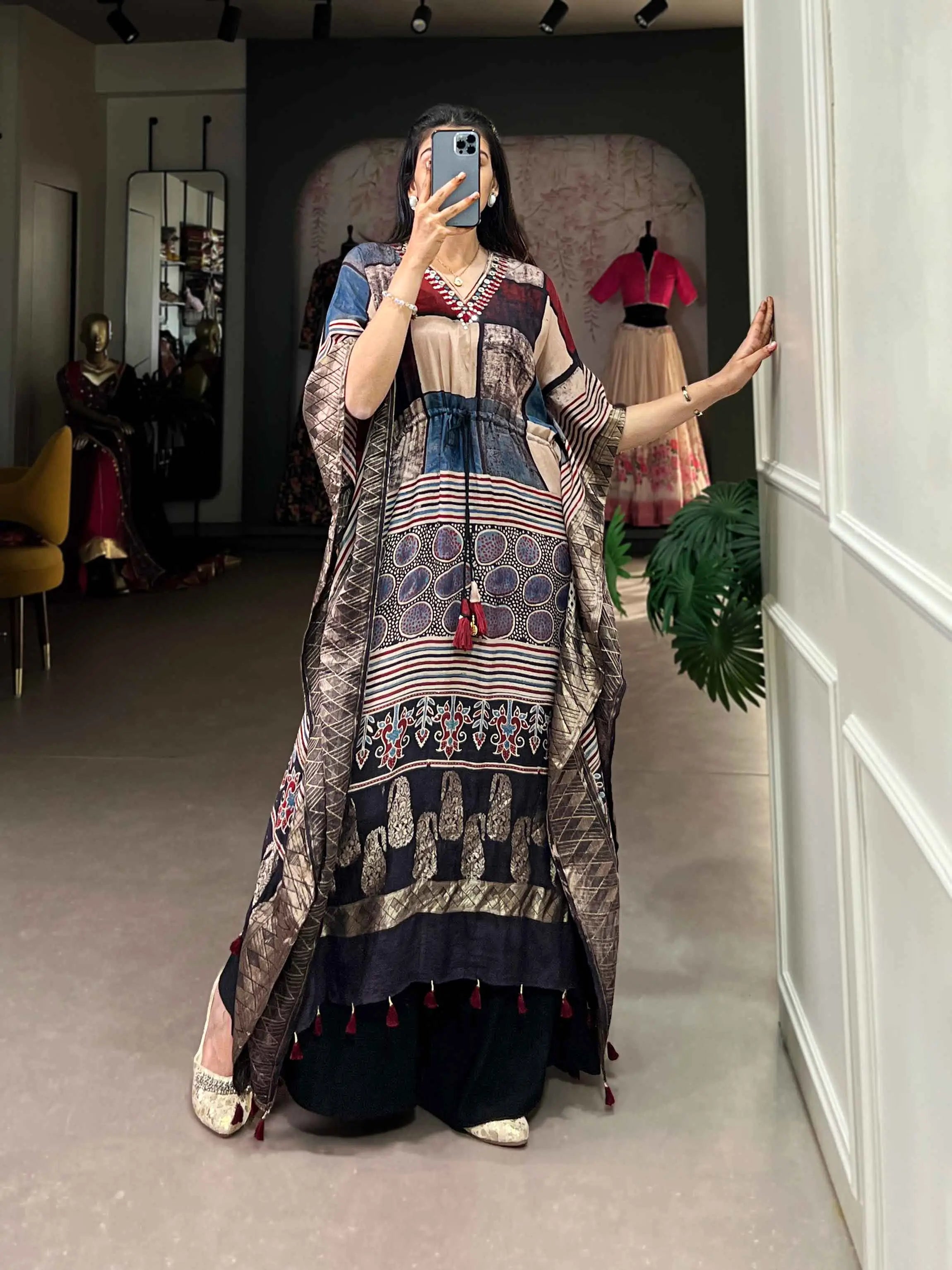 Designer Multi Color Real Mirror Hand Work With Zari Border Kaftan - qivii