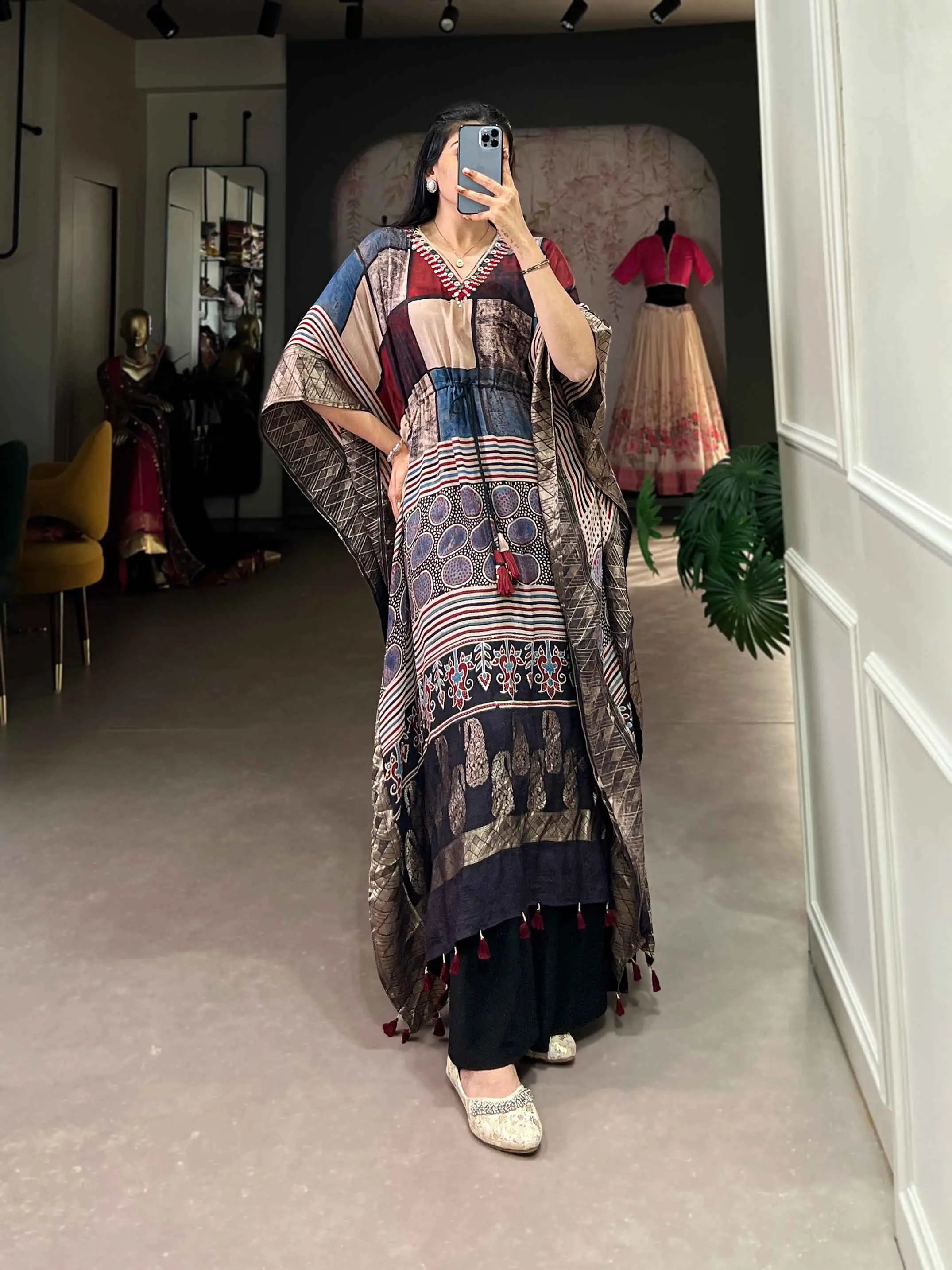 Designer Multi Color Real Mirror Hand Work With Zari Border Kaftan - qivii