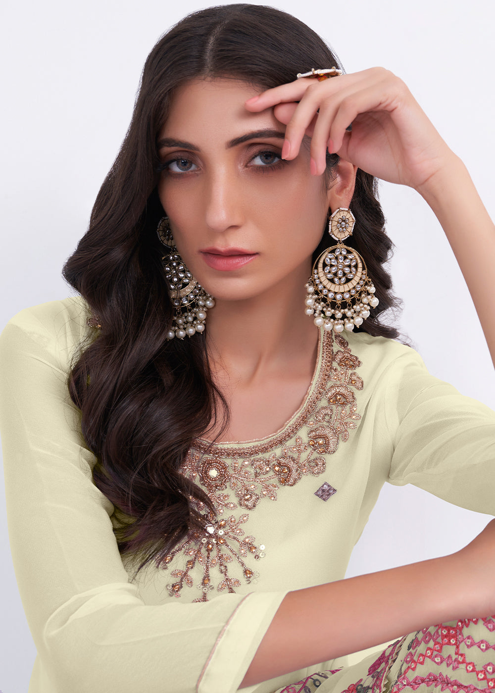 Blonde Yellow Designer Georgette Embroidered Suit - qivii