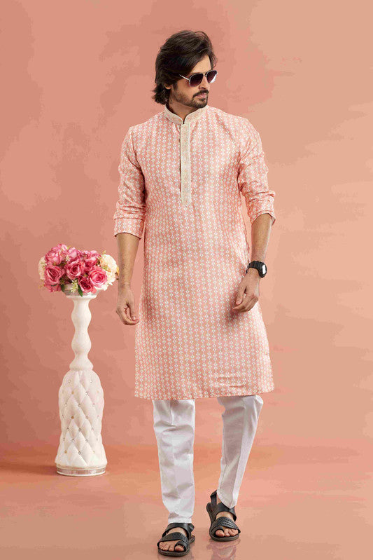 Men's Peach Cotton Thread Work Collar Neck Pajama Set