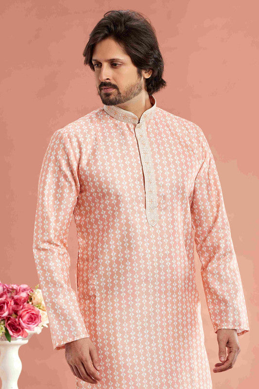 Men's Peach Cotton Thread Work Collar Neck Pajama Set