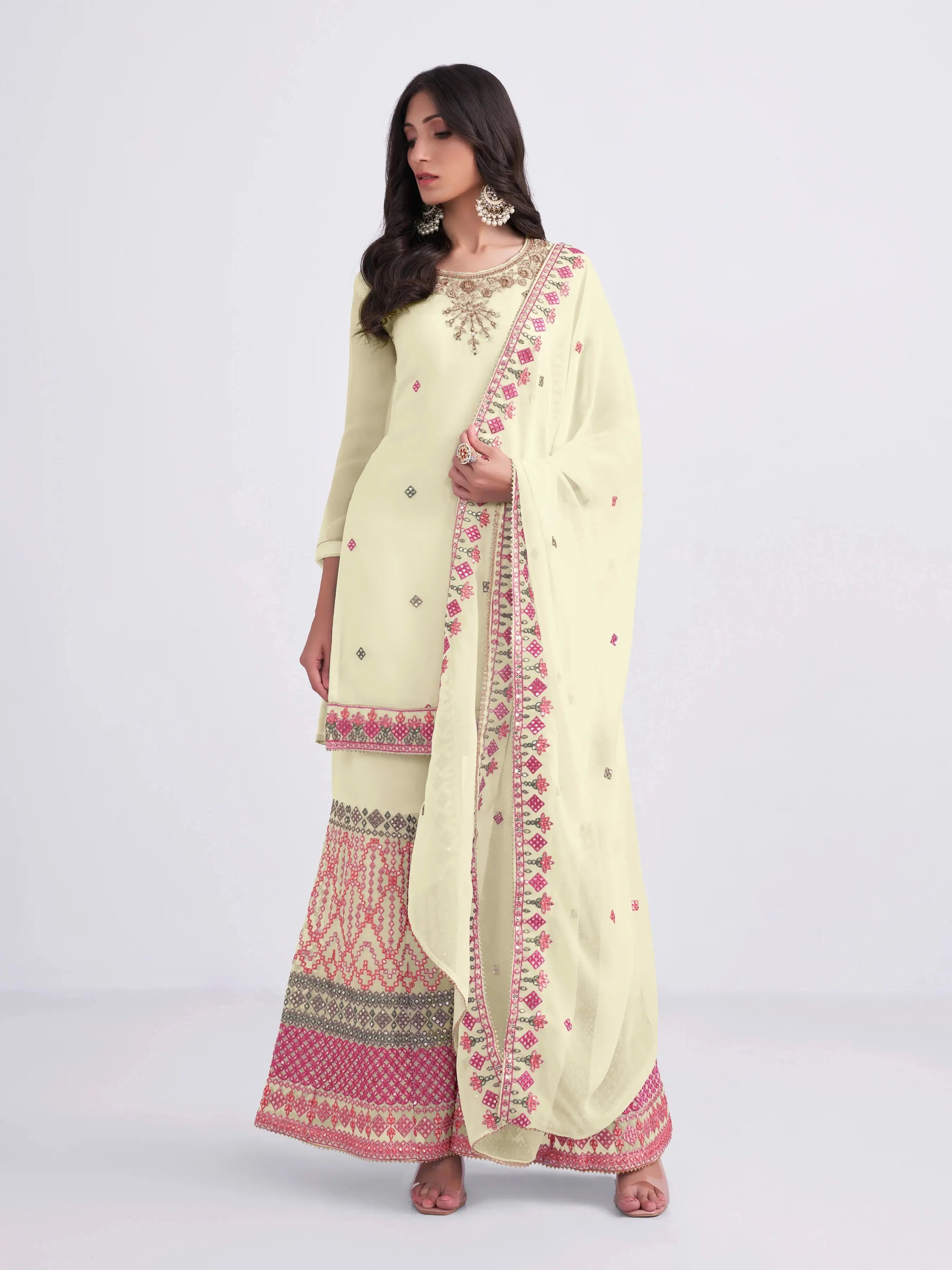 Light Yellow Multi Thread Sequins Embroidery Hand Work Georgette Sharara Suit - qivii