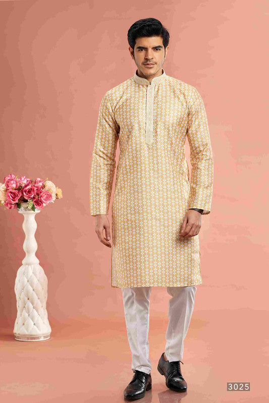 Men's Yellow Cotton Thread Work Collar Neck Pajama Set