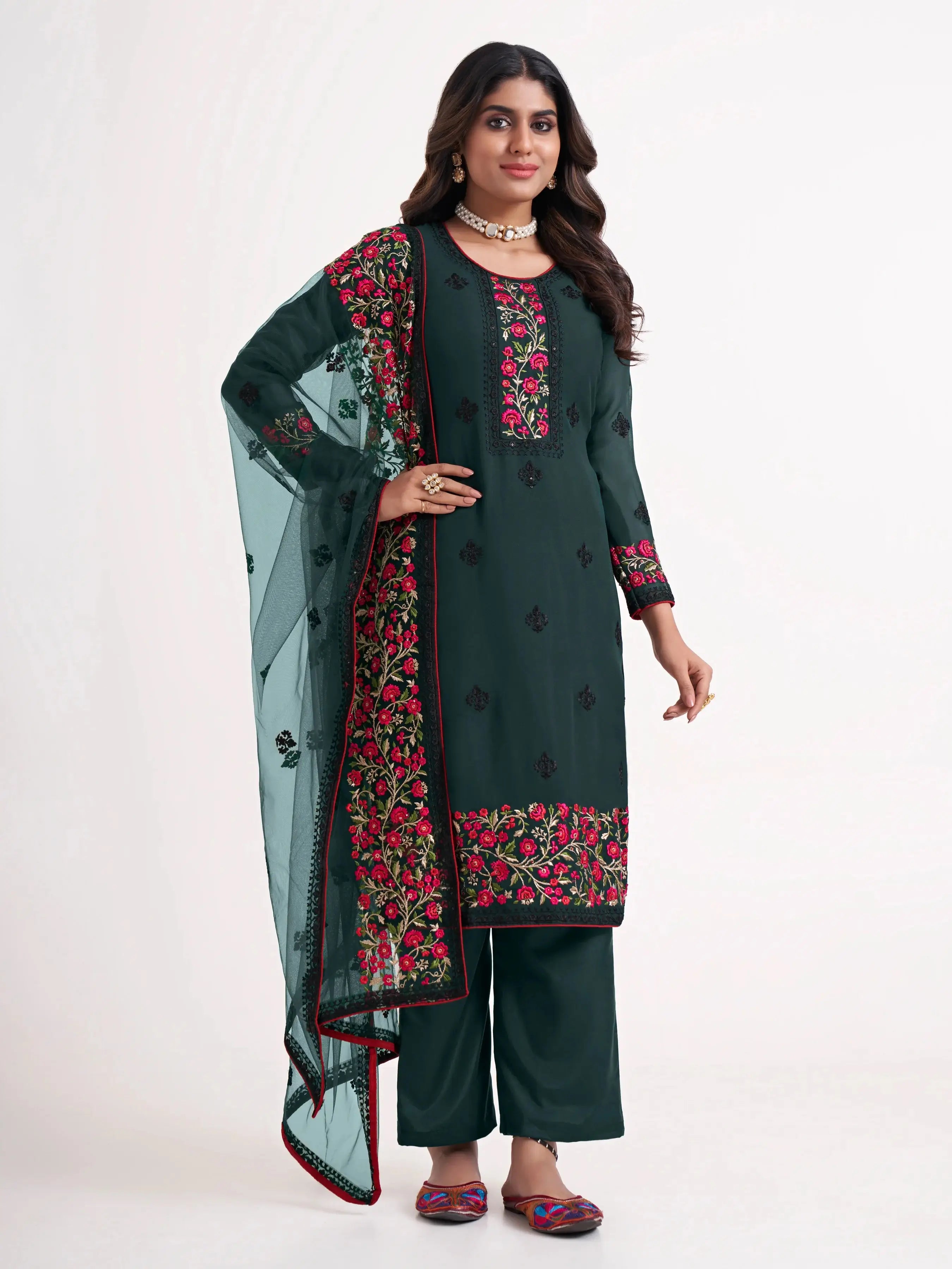Deep Green Multi thread Zari Sequins Embroidery Floral Work Georgette Salwar Suit Set - qivii