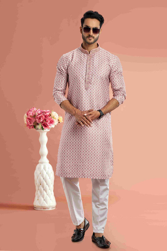 Men's Onion Pink Cotton Thread Work Collar Neck Pajama Set