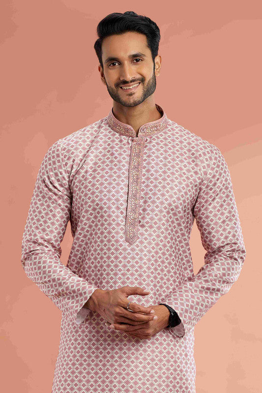 Men's Onion Pink Cotton Thread Work Collar Neck Pajama Set